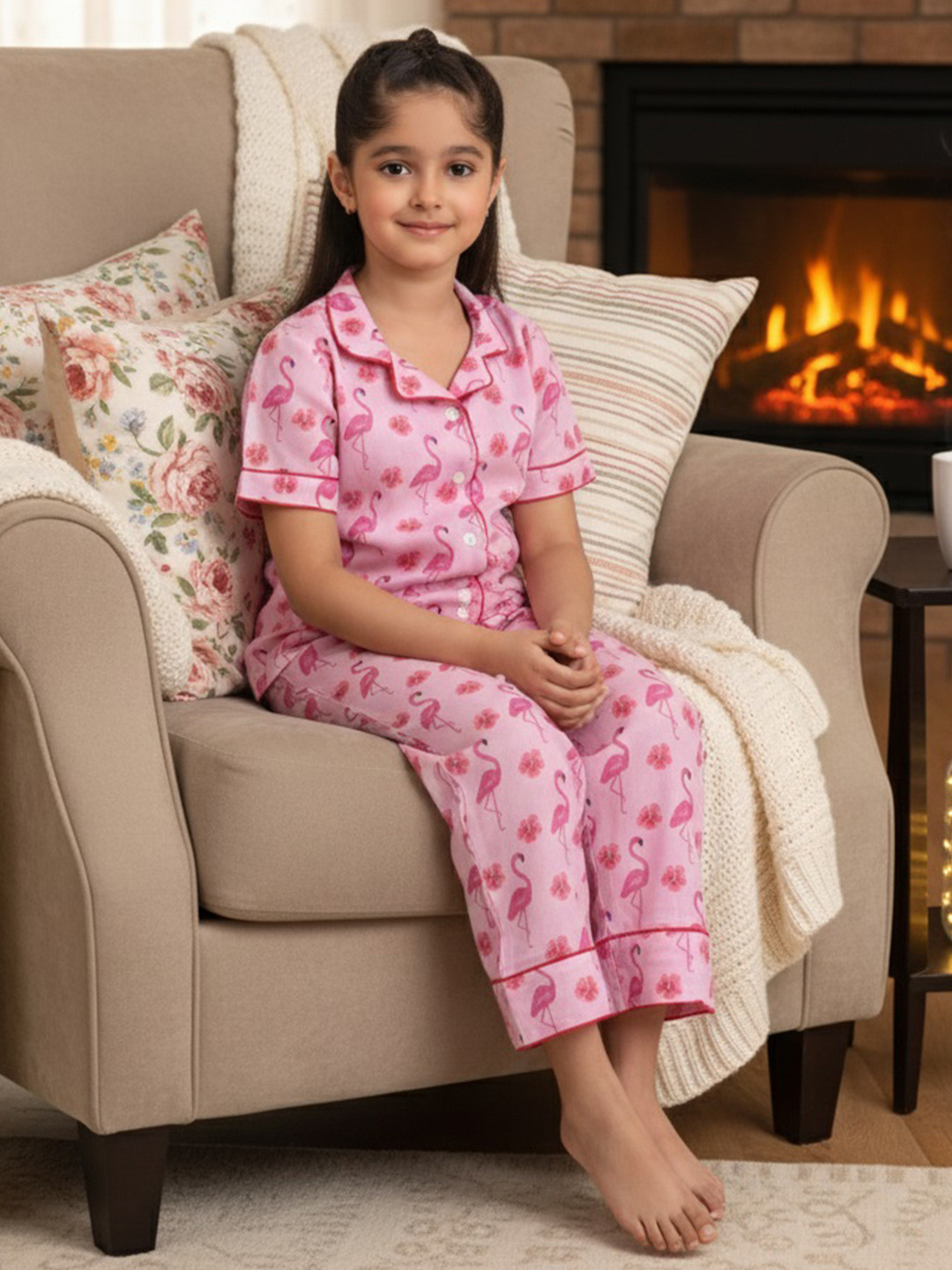Maaesa GirlsTropical Print  Cotton Full Pant With Shirt Night Suit Set