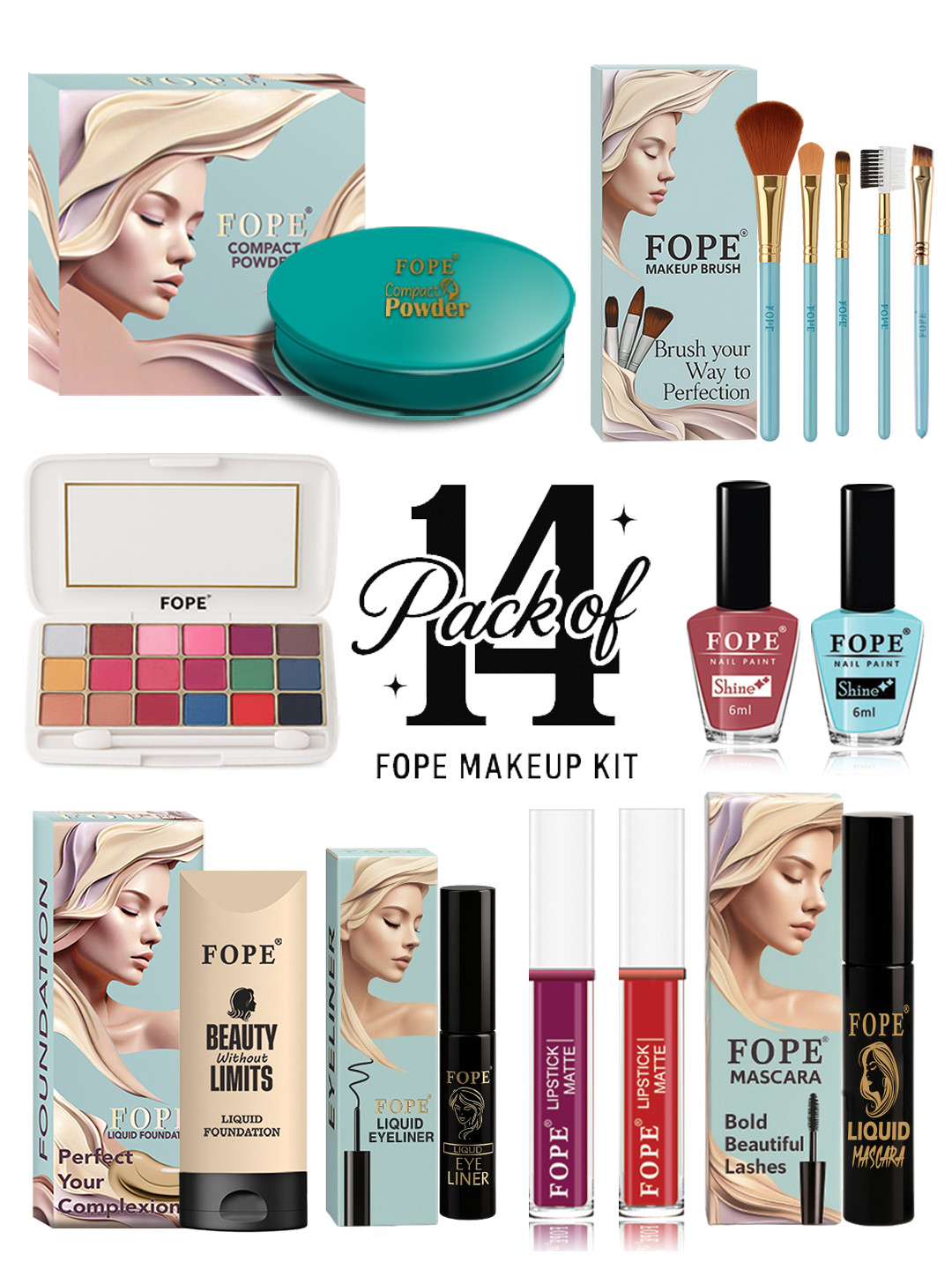 FOPE Set Of 14 Foundation, Compact, Nail Polish, Mascara, Kajal, Eyeshadow & Brush Set