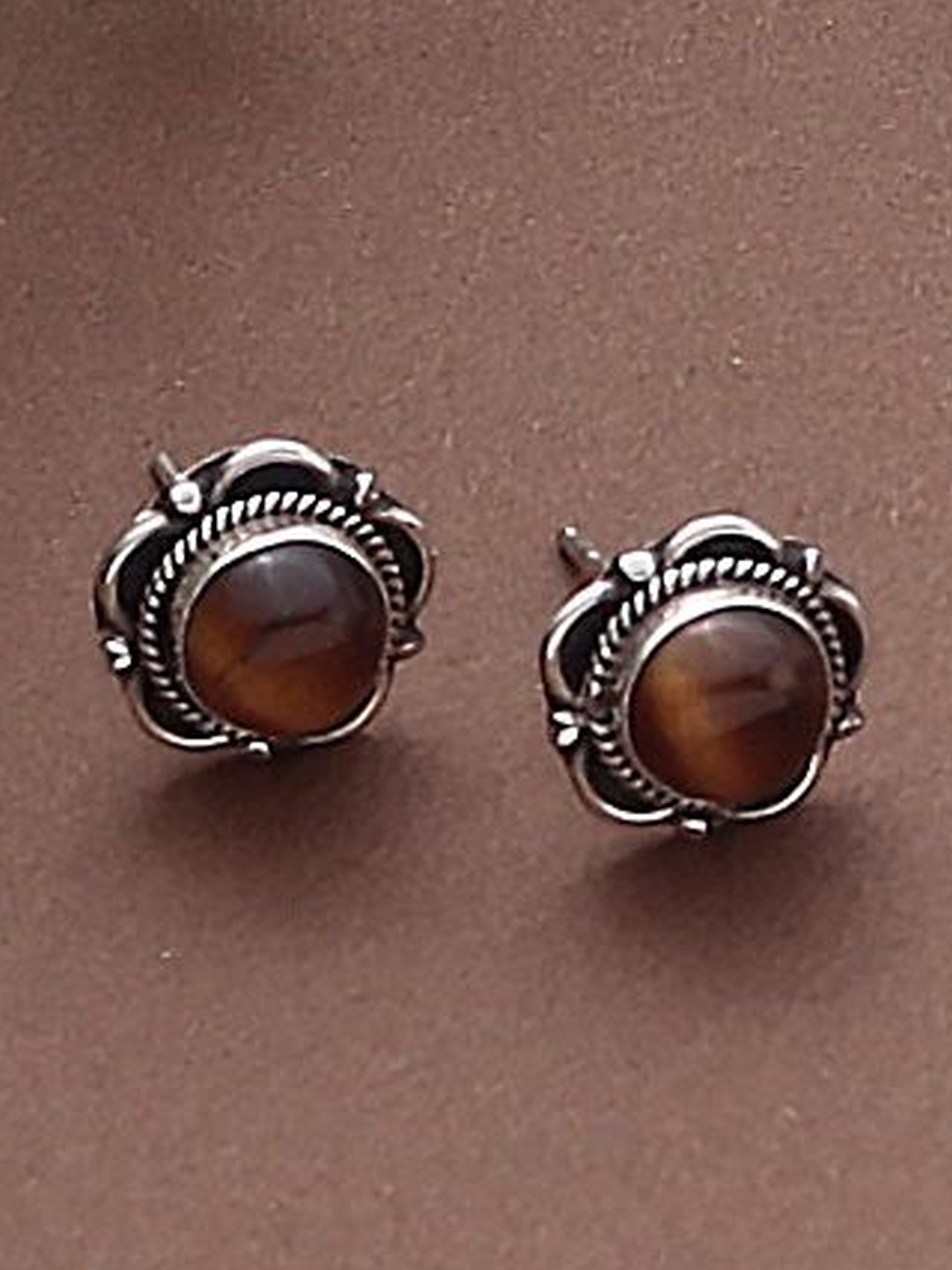 FUSIONARI Sterling Silver Blue Tigers Eye Studded & Pearls Beaded Floral Studs