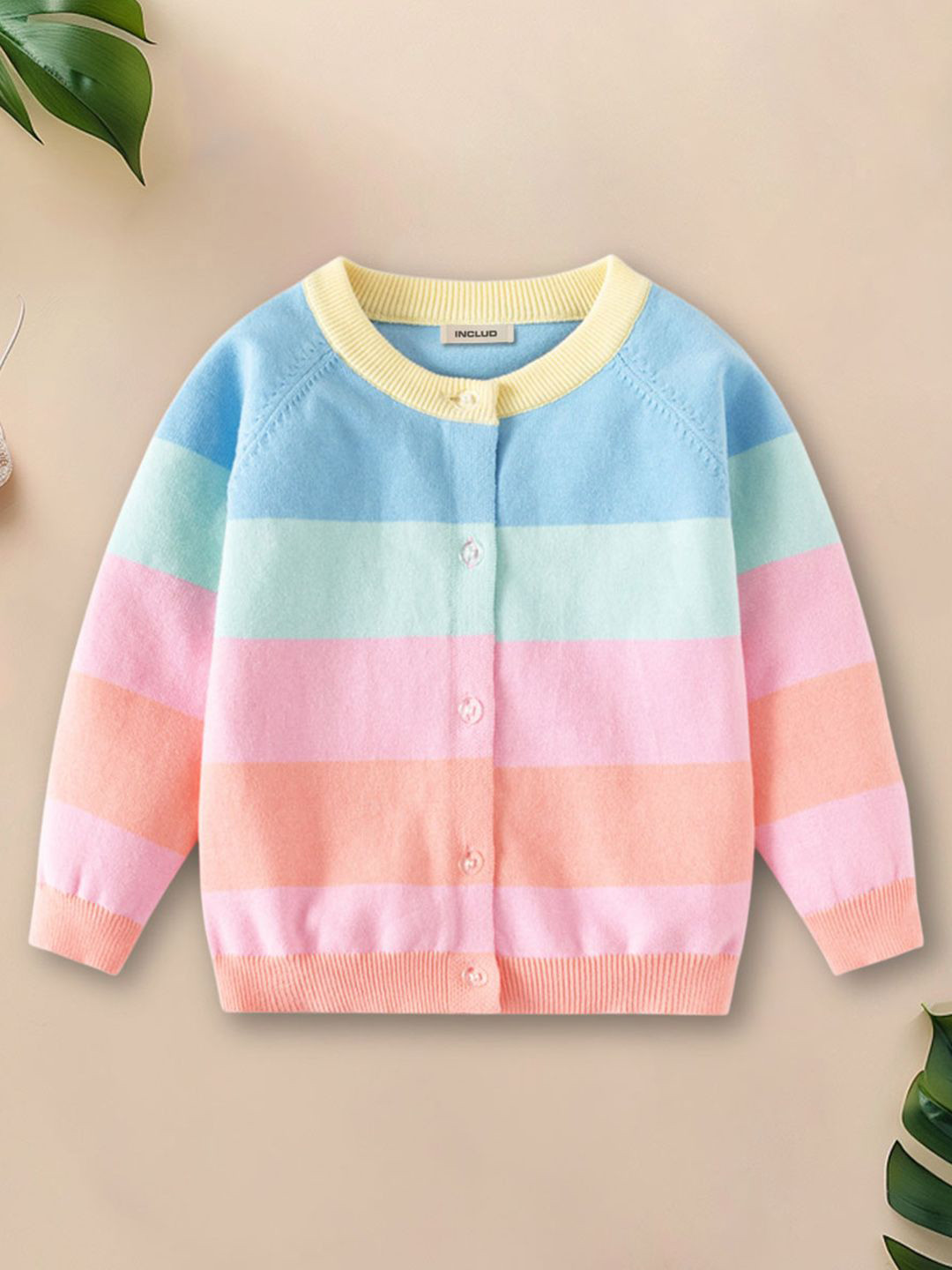 INCLUD Girls Self-Design Round Neck Colourblocked Cardigan