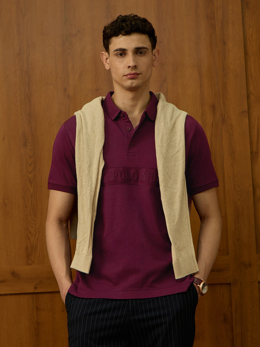 U.S. Polo Assn. Varsity Brand Logo Embroidered Polo Collar Pure Cotton T-shirt