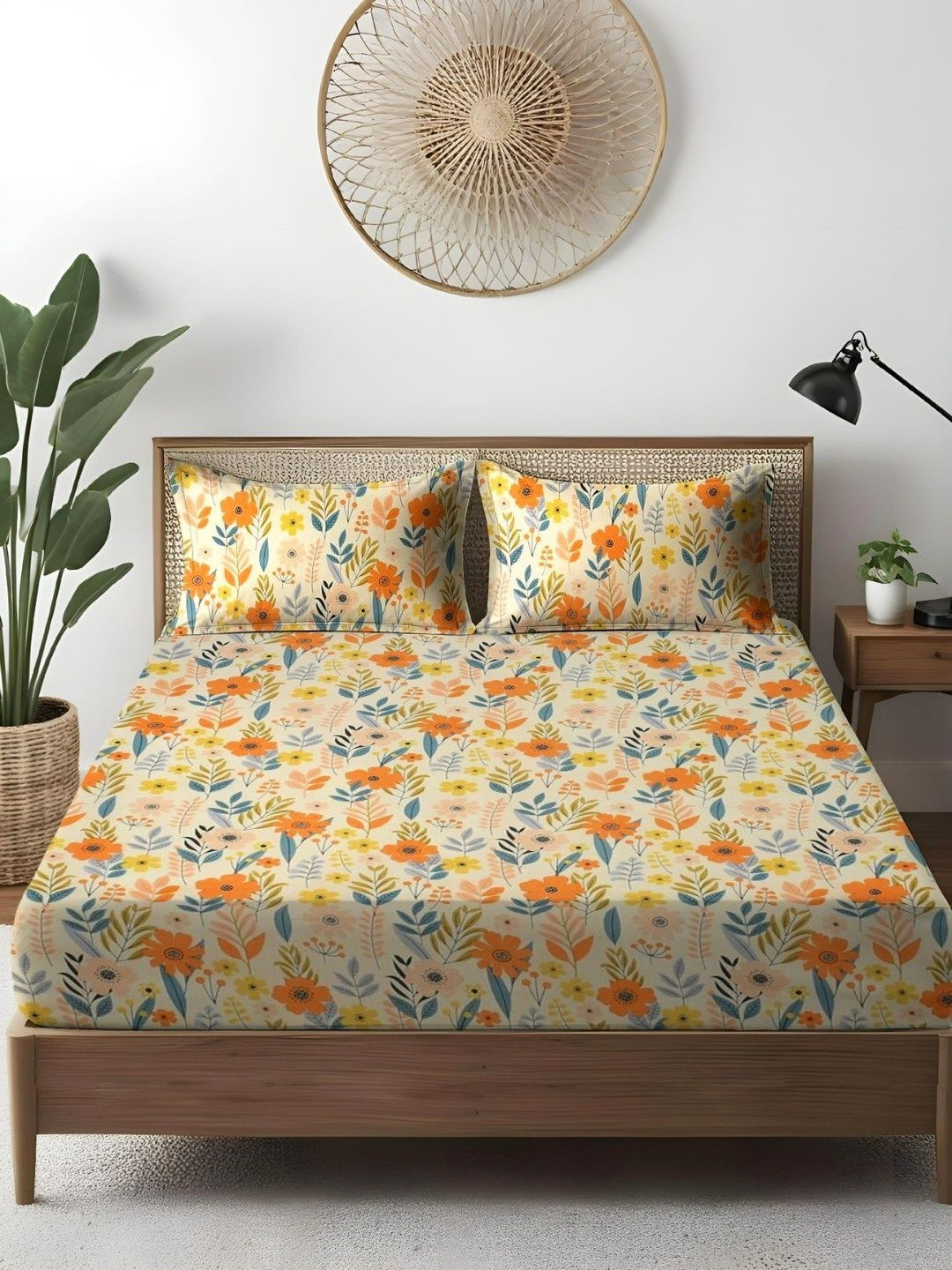 WEAVE AND DECOR Orange Colored Printed Pure Cotton 300 TC Queen Bedsheet Set 2.28 x 2.28 m