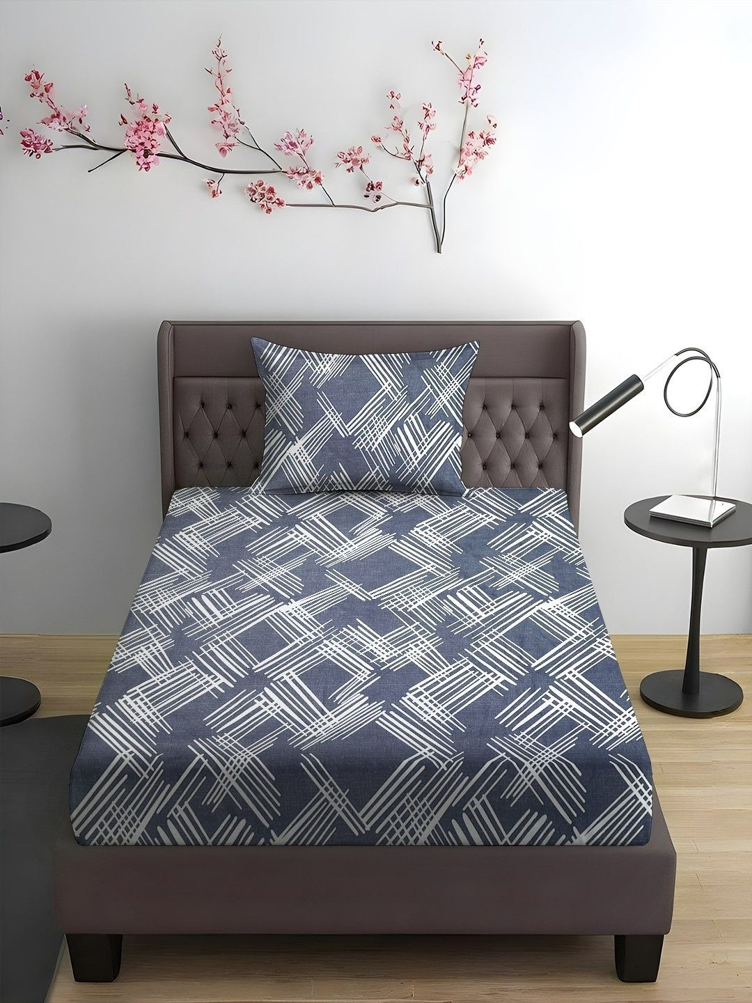 WEAVE AND DECOR Blue Pure Cotton Feel 300TC Fitted Single Bedsheet Set-1.9mx91.4cm