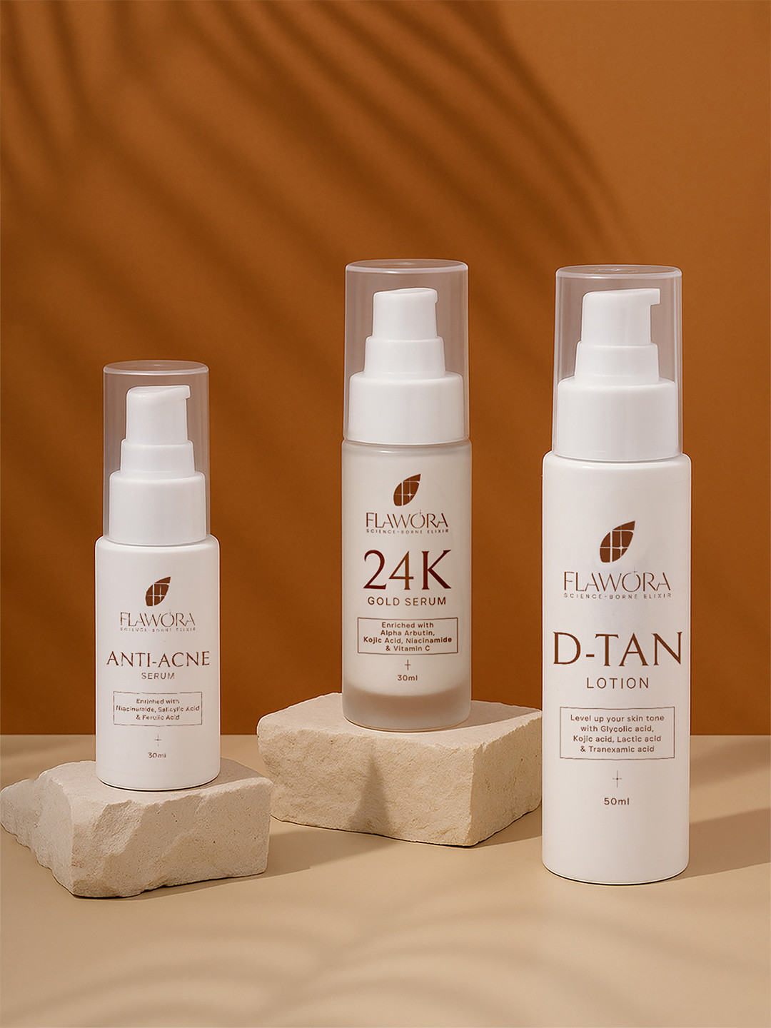 Flawora Set Of 3 D-Tan Lotion - 50 ml & Anti Acne Serum & 24K Gold Serum - 50 ml Each