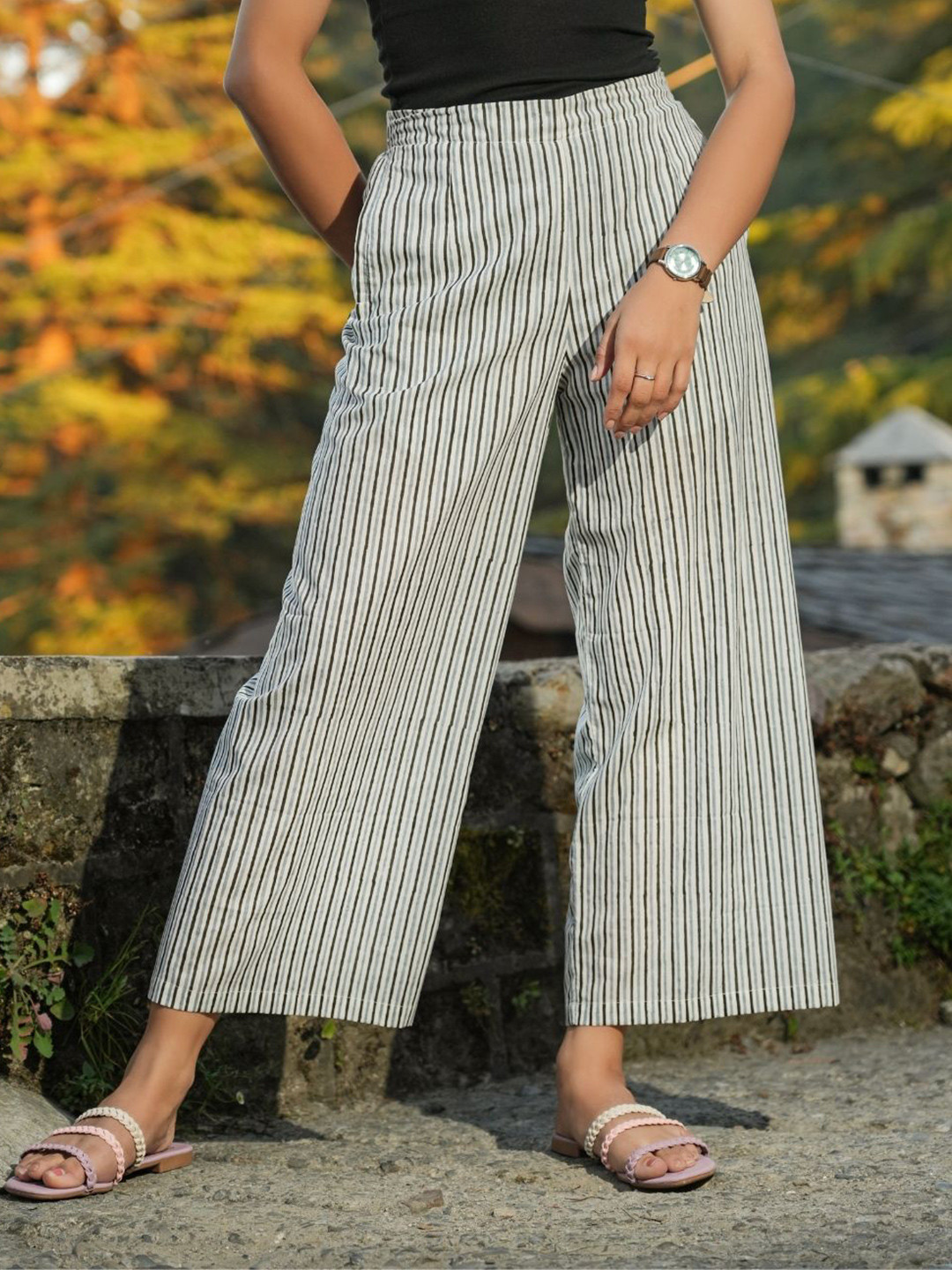 Nilam India Women Striped Regular Western Organic Cotton Straight Palazzos