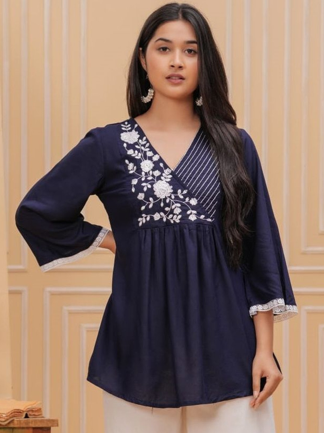 PALSIYA PRESENTS Women Blue Rayon Embroidered Bell Sleeve Top