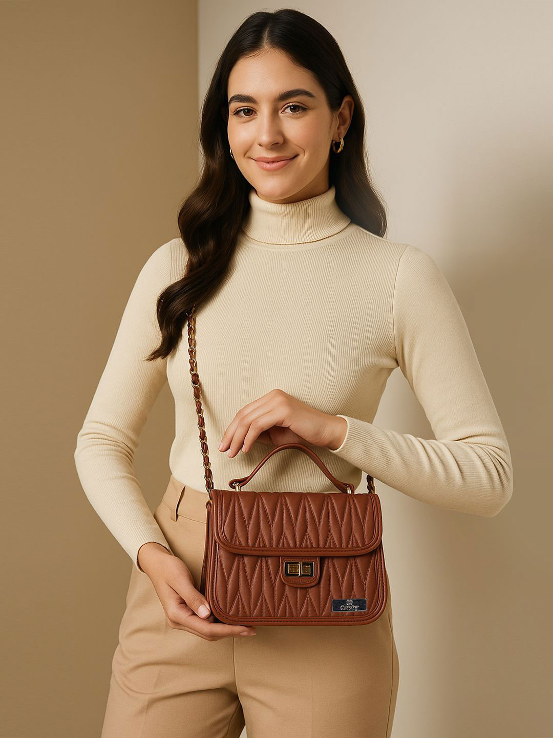 CATCHY Textured Brown PU Structured Sling Bag with Quilted Handbags
