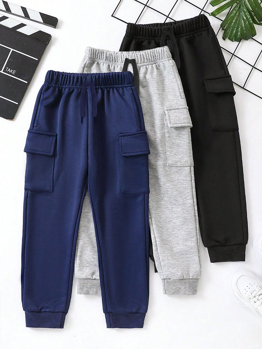 YK X Trampoline Kids Pack Of 3 Solid Relaxed Fit Cargo Joggers With Pockets