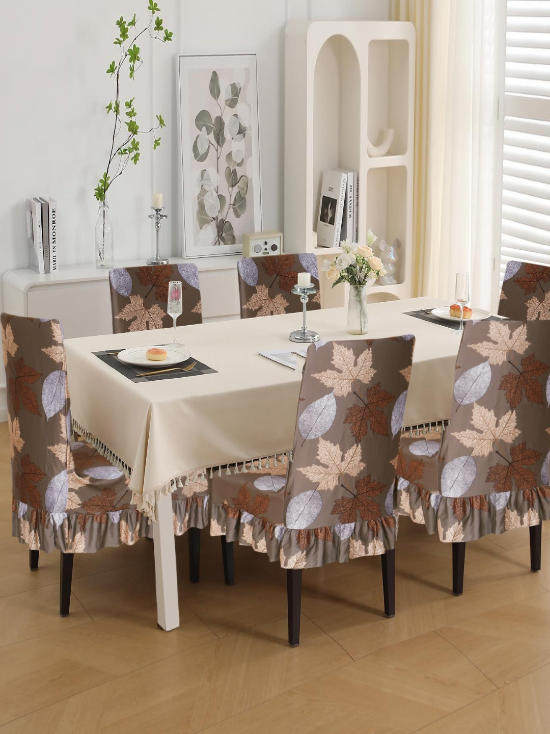LooMantha Khaki-Color & Beige 6 Pieces Floral Printed Stretchable Chair Covers