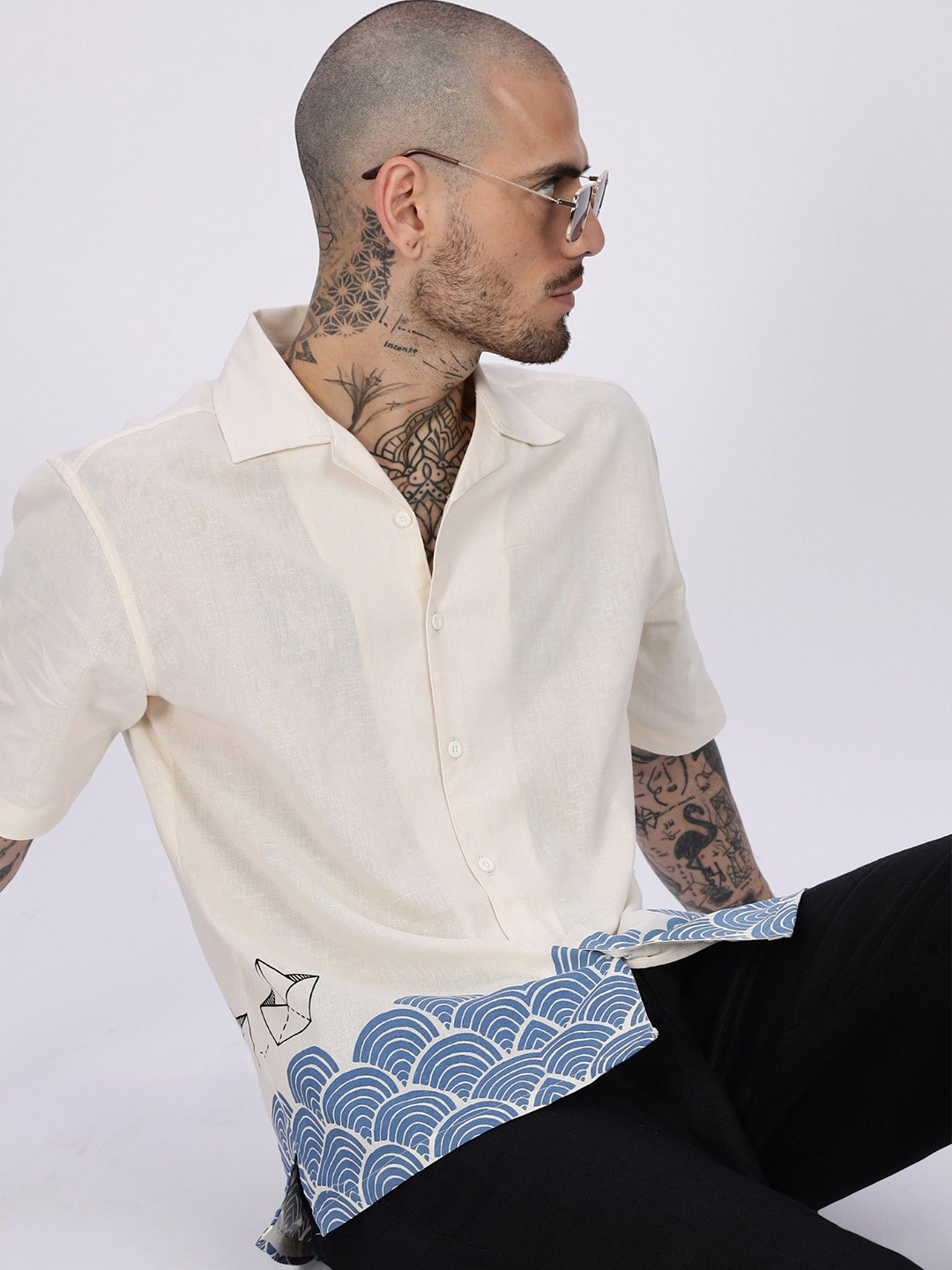 Eszett  Abstract Waves Printed Spread Collar Cotton Shirt