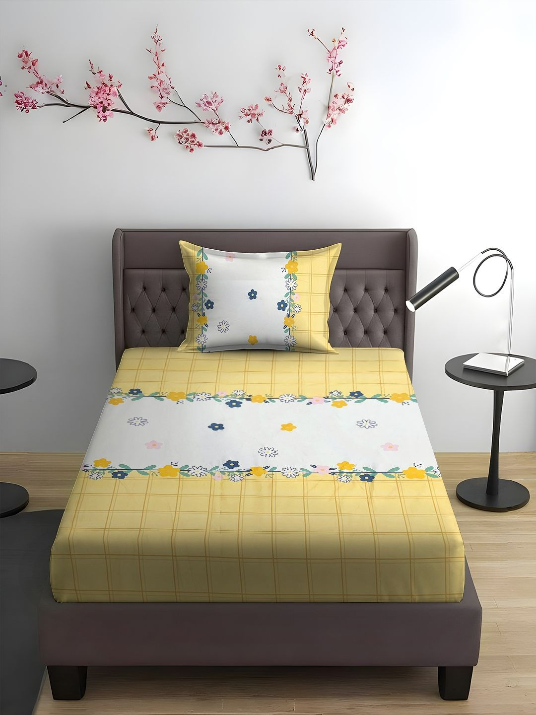 WEAVE AND DECOR White Floral Pure Cotton Feel 300 TC Single Bedsheet Set-2.28 m x 1.52 m