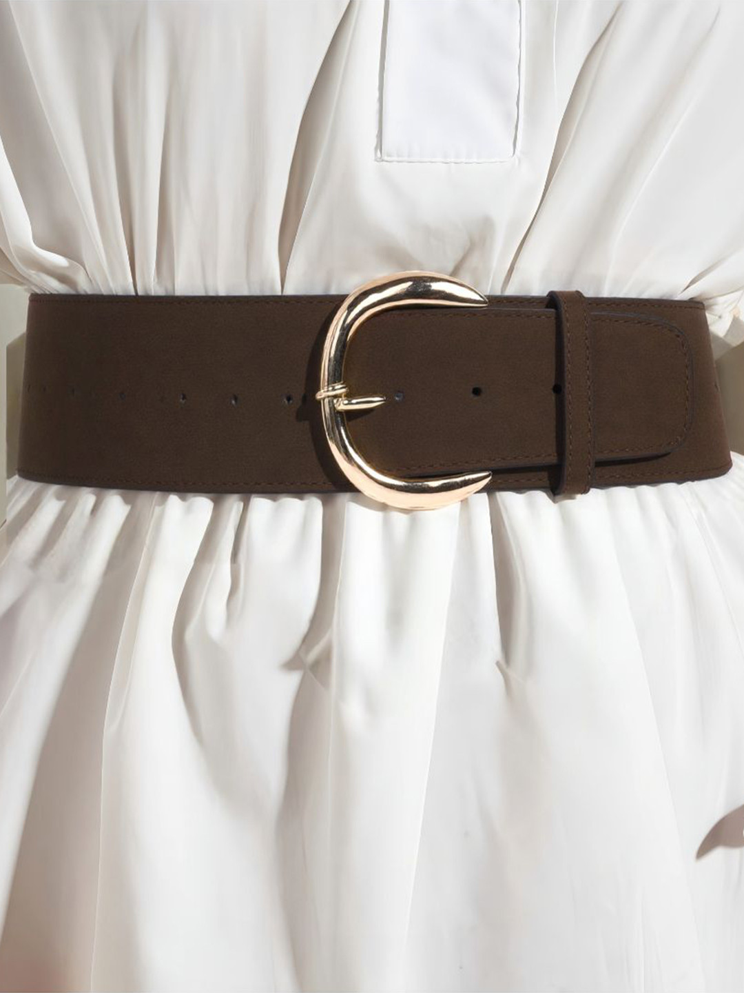 SALTY Women Tang Closure Coffee Suede Wide Belt
