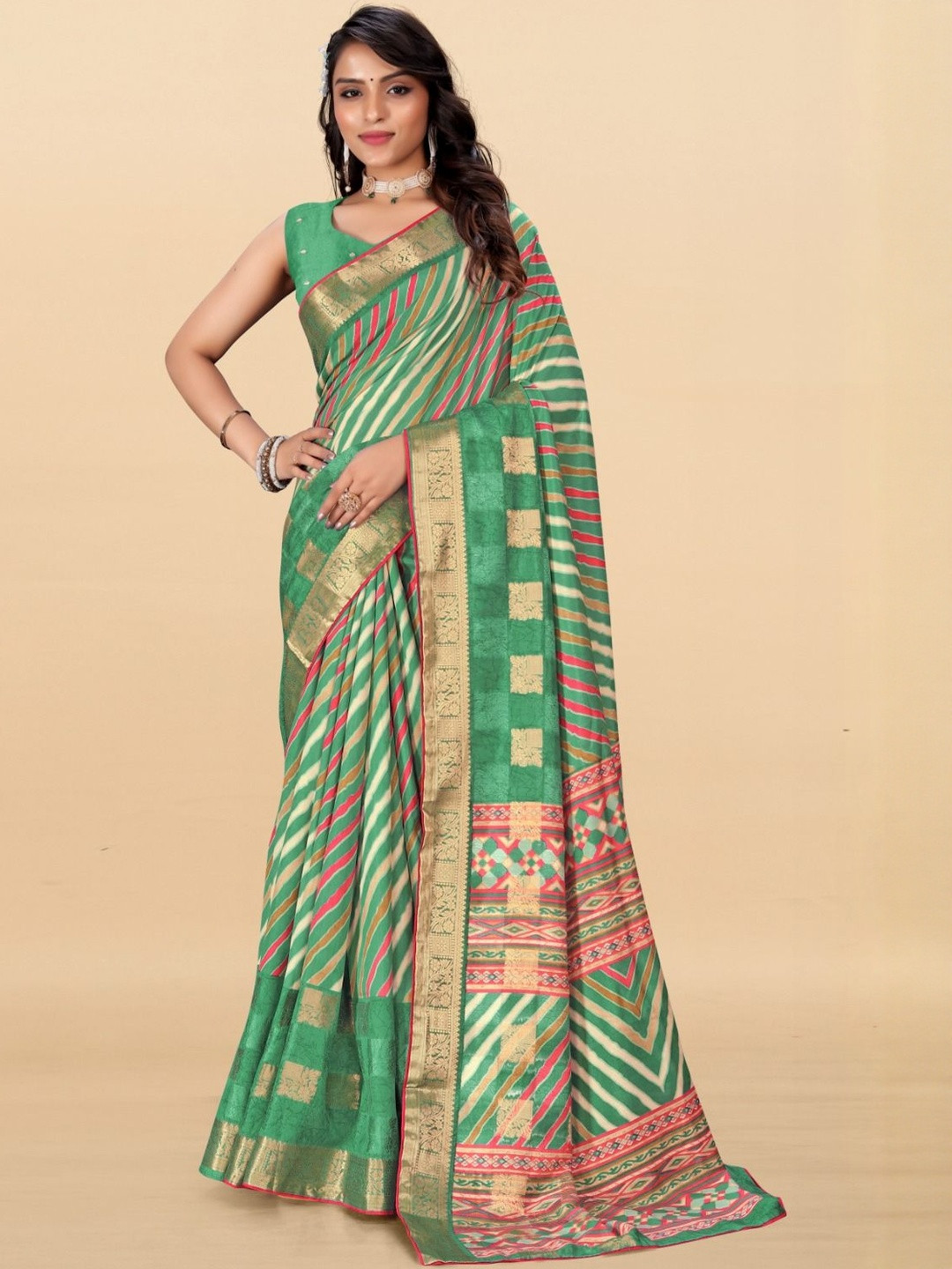 SHIVRUH Striped Woven Design Zari Leheriya Saree with Blouse (Turquoise)