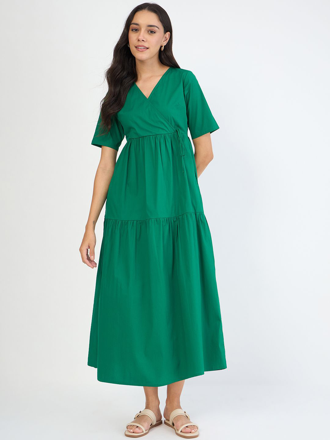 FEMMELLA Women Solid V-Neck Flared Wrap Around Midi Dress