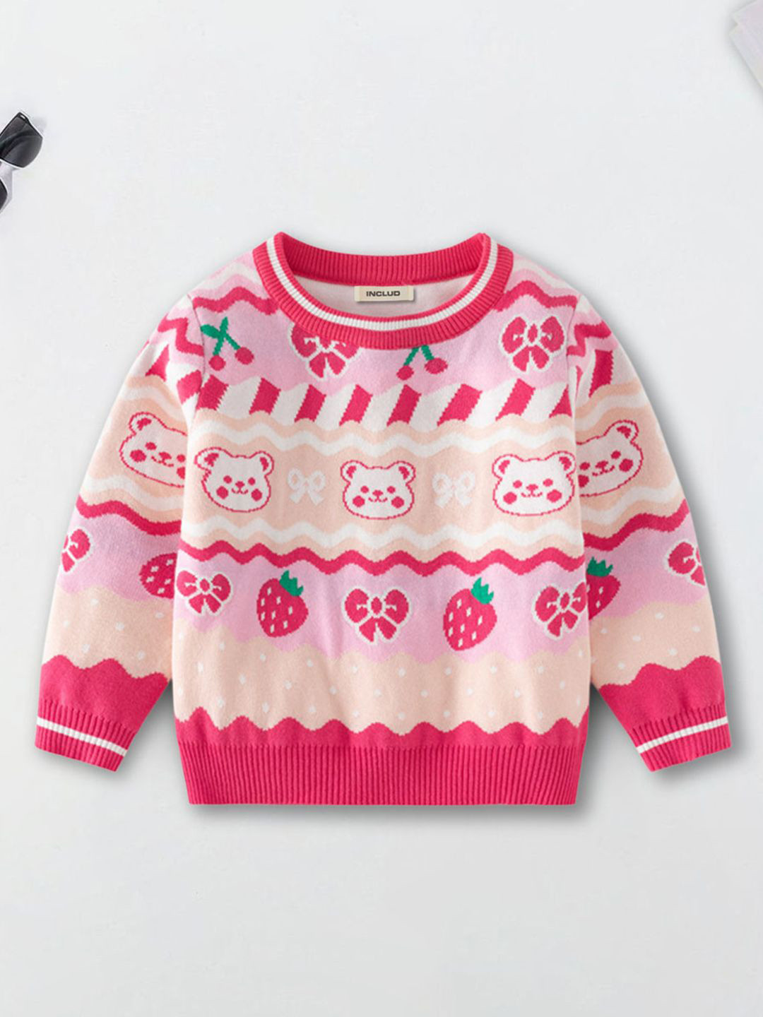 INCLUD Girls Conversational Printed Round Neck Ribbed Cardigan Sweater