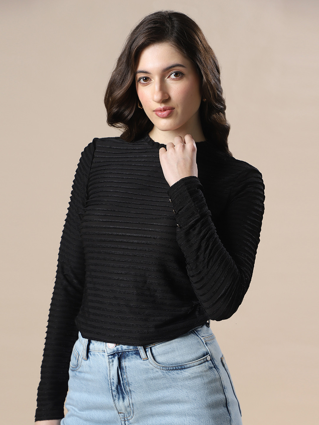 Globus Self Design High Neck Full Sleeves Knitted Top