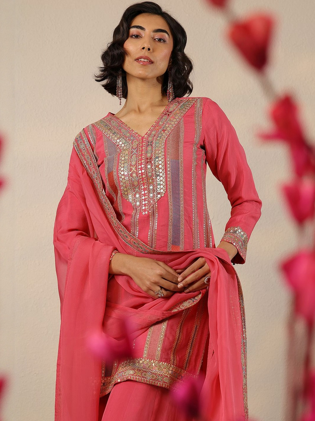 Libas Women Ethnic Motifs Embroidered Sequinned Organza Kurta with Palazzos & Dupatta