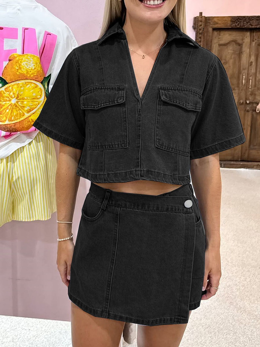 bebe Shirt Collar Short Sleeves Crop Denim Top And Mini Skirt