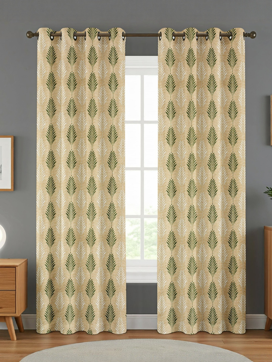 GEET CREATIONS Softy Plume Green & Beige 2 Pieces Printed Room Darkening Door Curtains