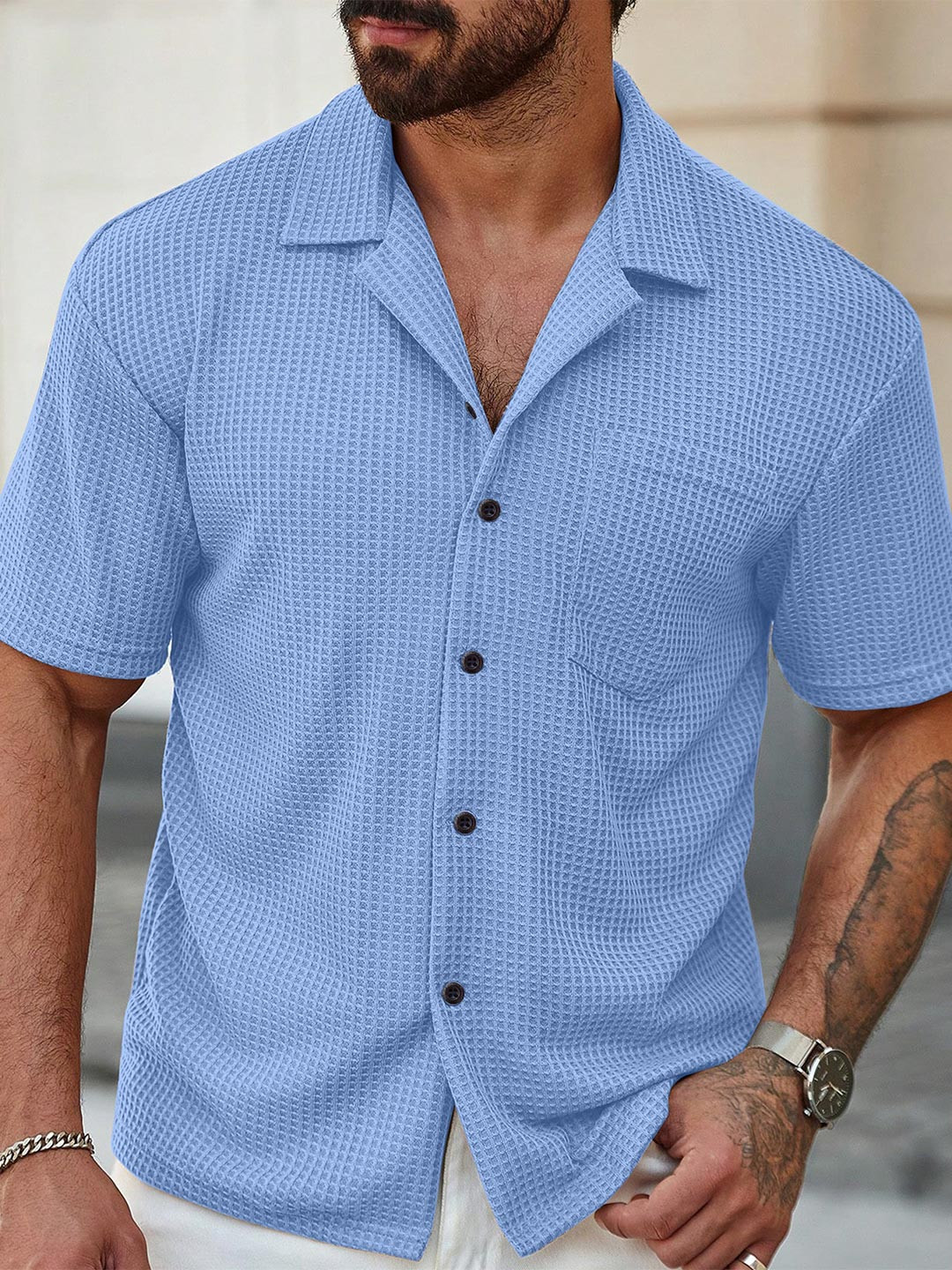 KAJARU Men Classic Relaxed Fit Textured Cuban Collar Casual Shirt