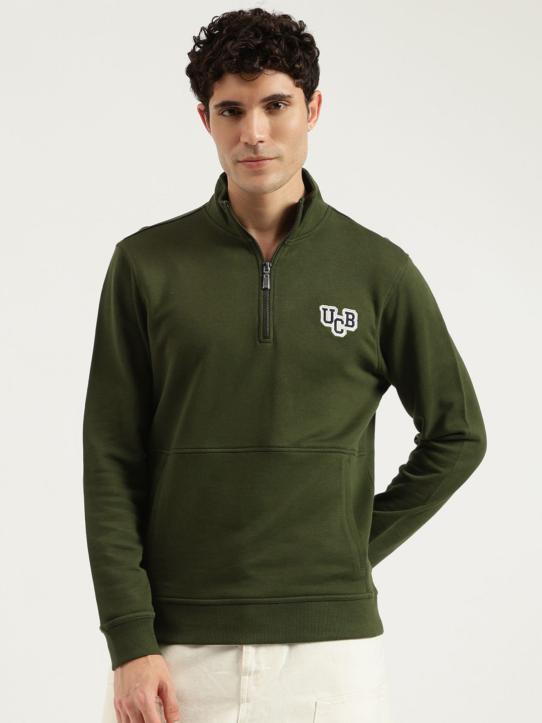 United Colors of Benetton Men Embroidered Mock Neck Pullover Sweatshirt