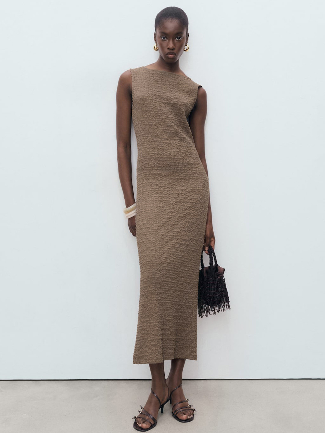 MANGO Boat Neck Seersucker Midi Dress With Back Slit