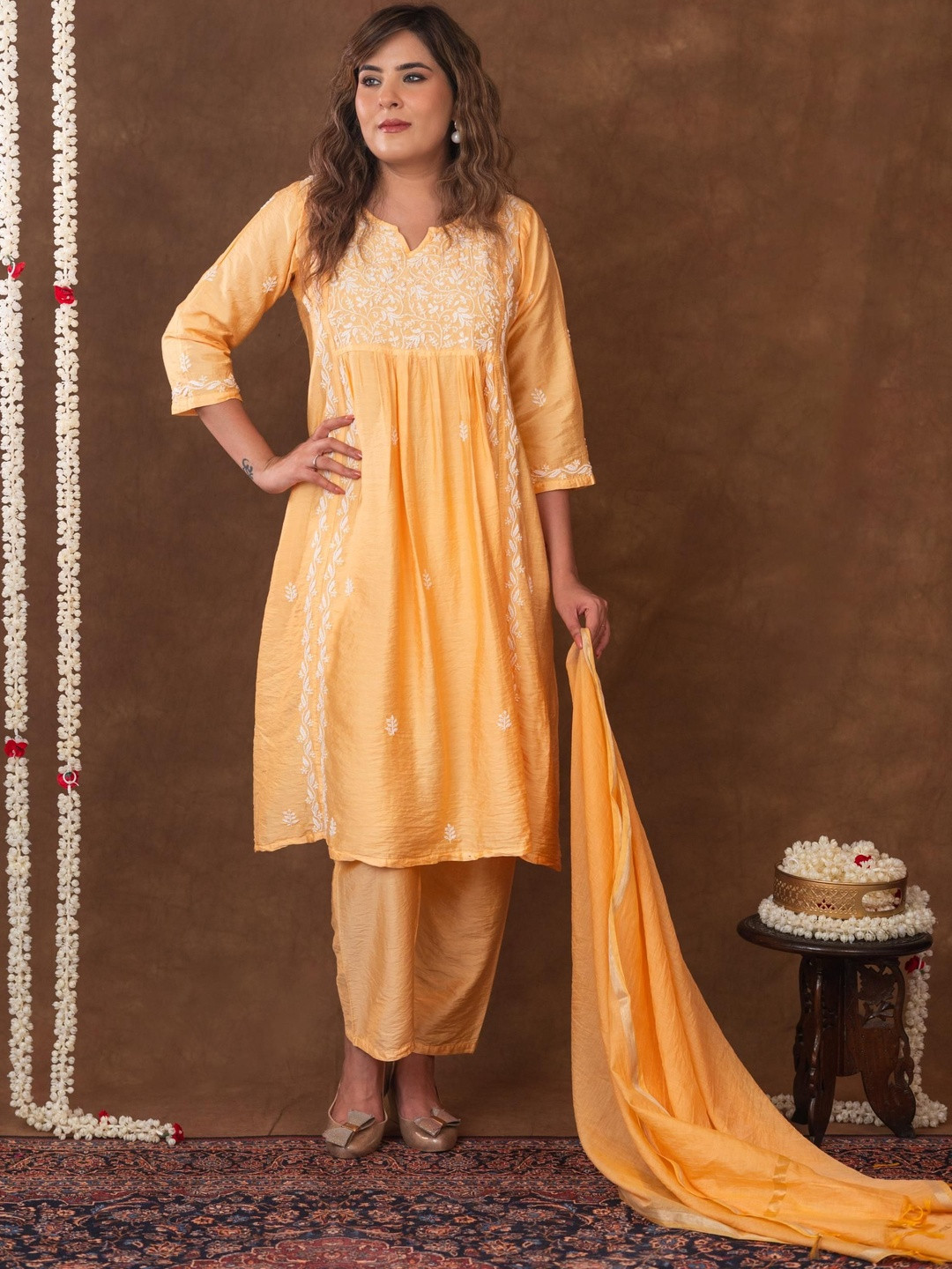 GHARANA INDIA Embroidered Panelled Thread Work A-Line Kurta With Trousers & Dupatta