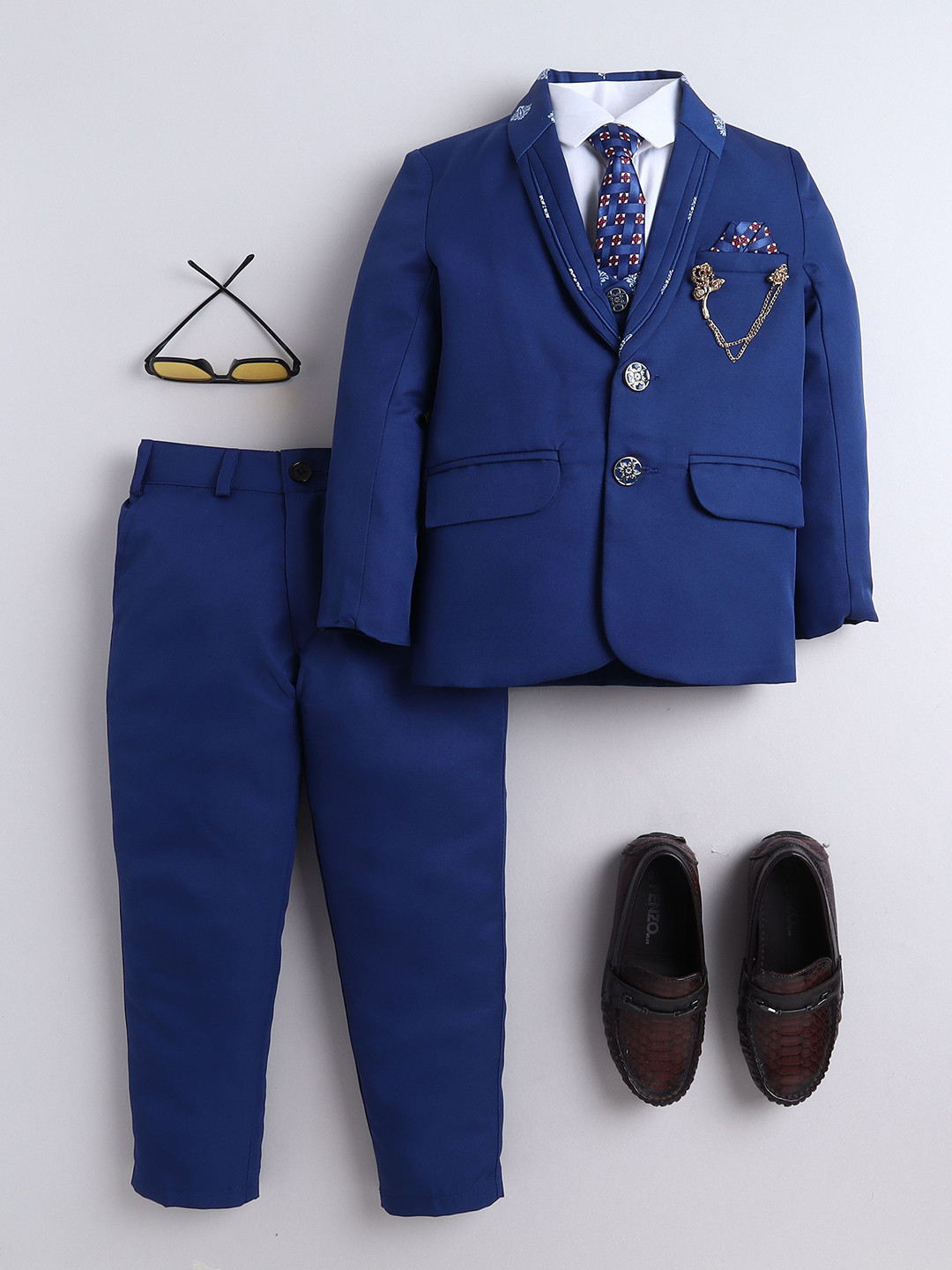 Sangria Boys Damask Solid Single-Breasted Shawl Collar 5-Piece Party Suit