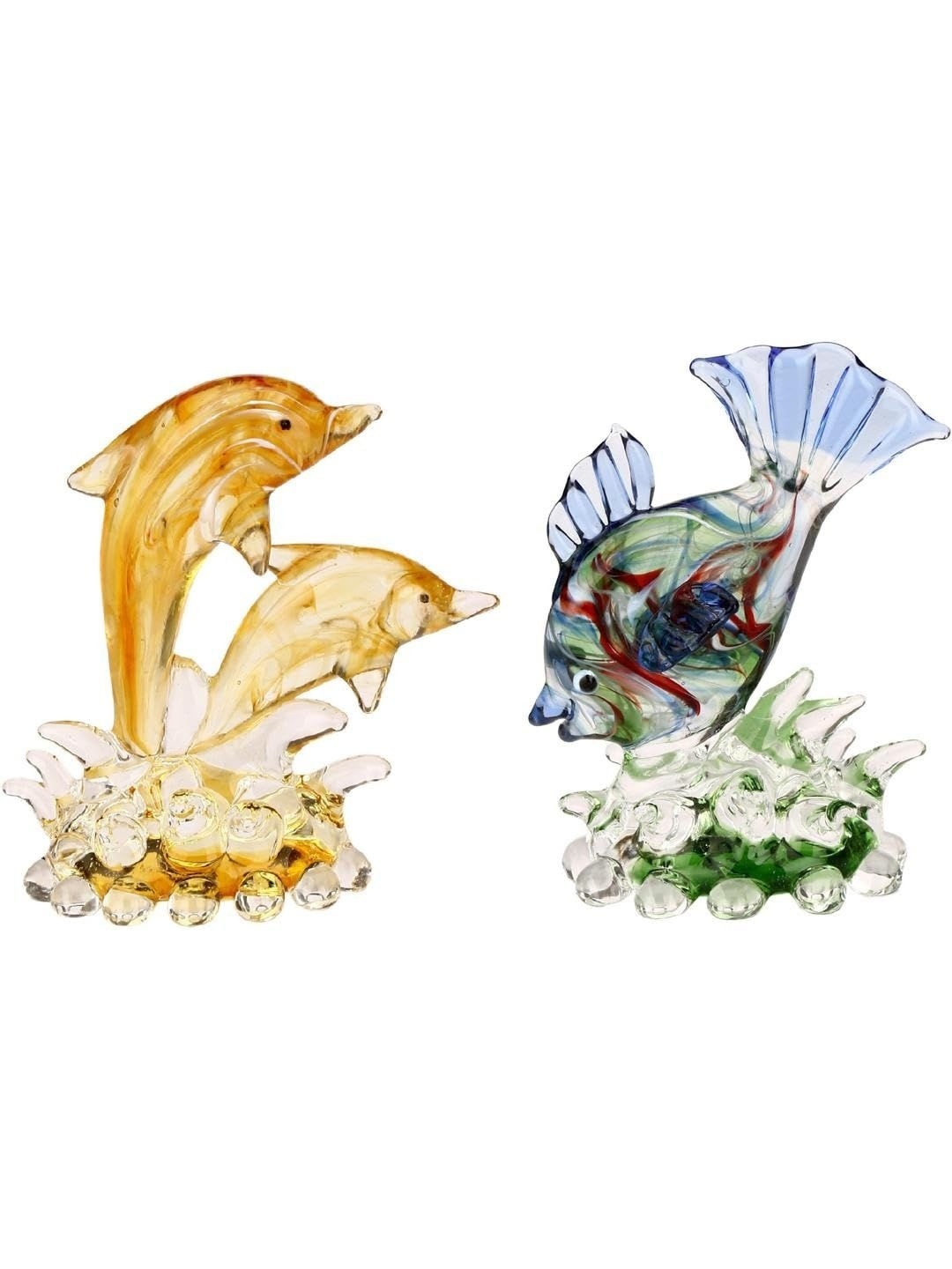 1ST TIME Yellow Glass  Glossy Bedroom Fish & Dolphin 2 Pieces Medium Showpieces