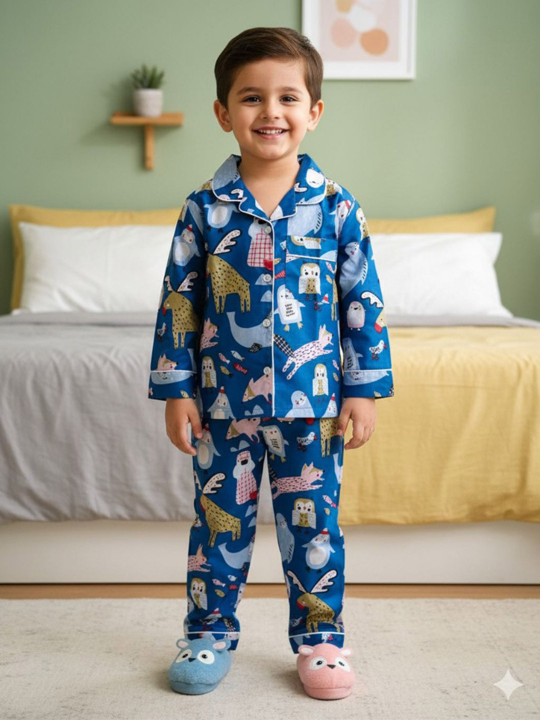 MASU LIVING Kids Animal Printed Pure Cotton Shirt & Pyjamas Night suit