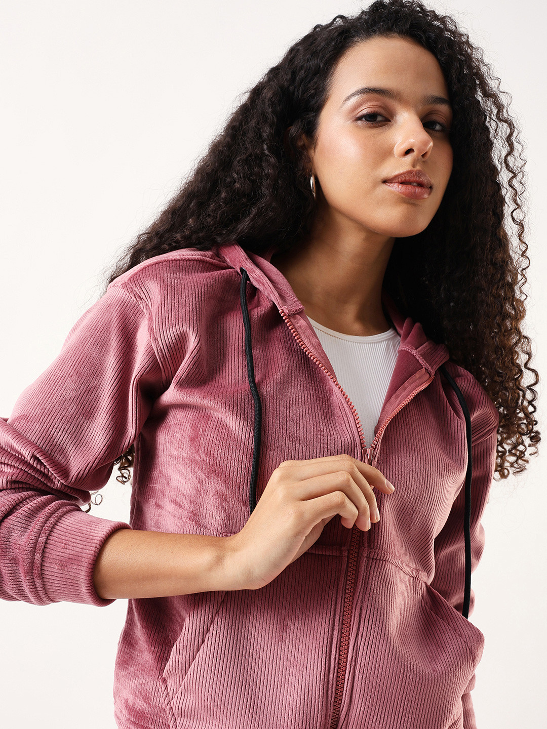 DL Woman Hooded Full Sleeves Lightweight Velvet Open Front Jacket