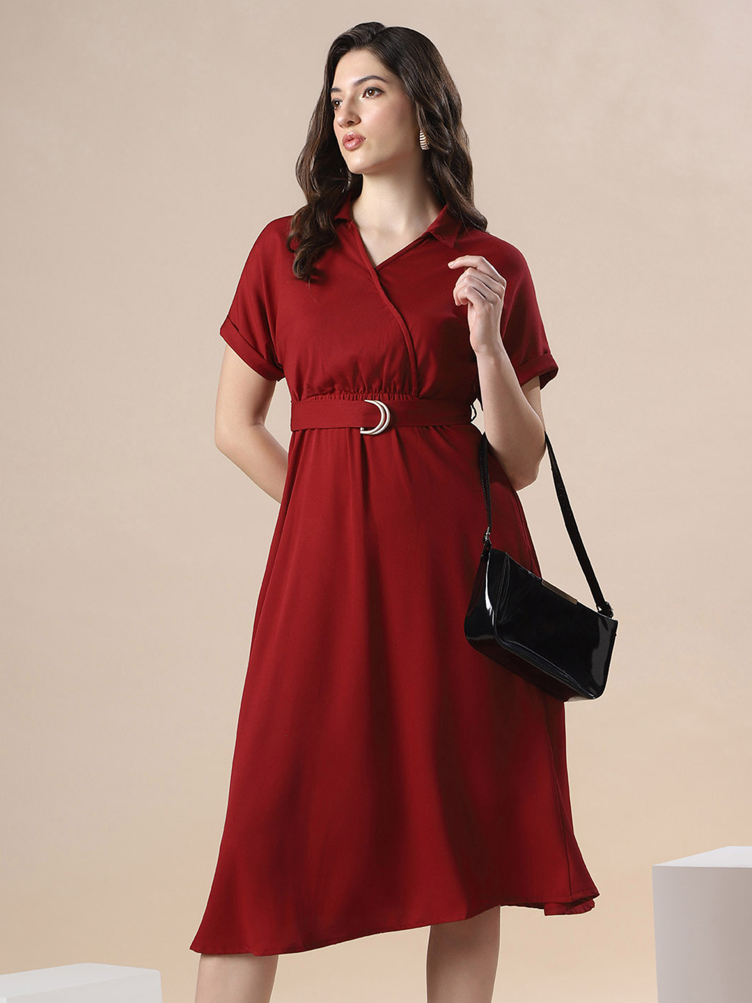 Globus Women Maroon V-Neck Extended Sleeve Belted Detail Fit & Flare Work Wear Midi Dress
