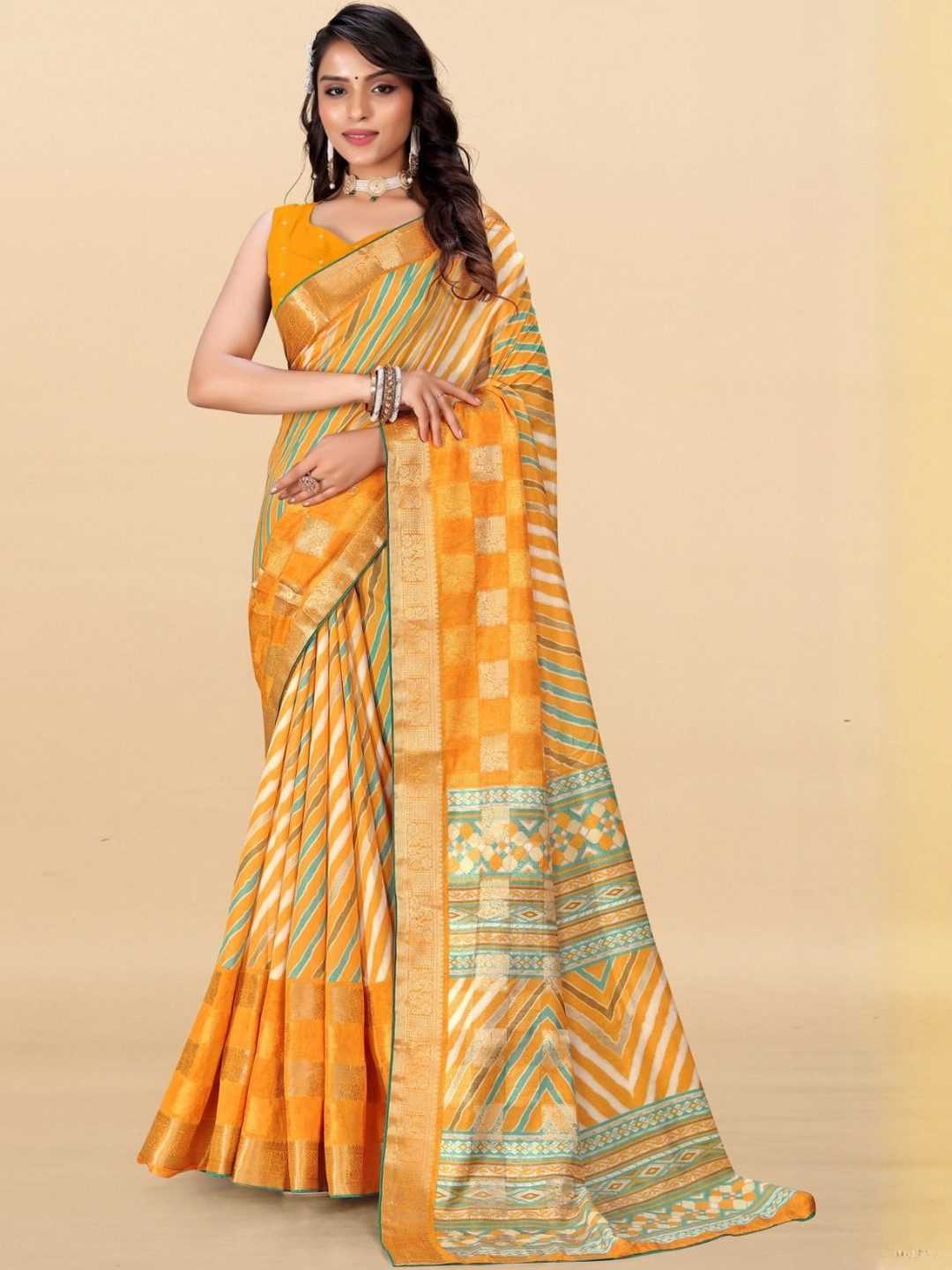 SHIVRUH Woven Design Zari Leheriya Saree With Blouse Piece