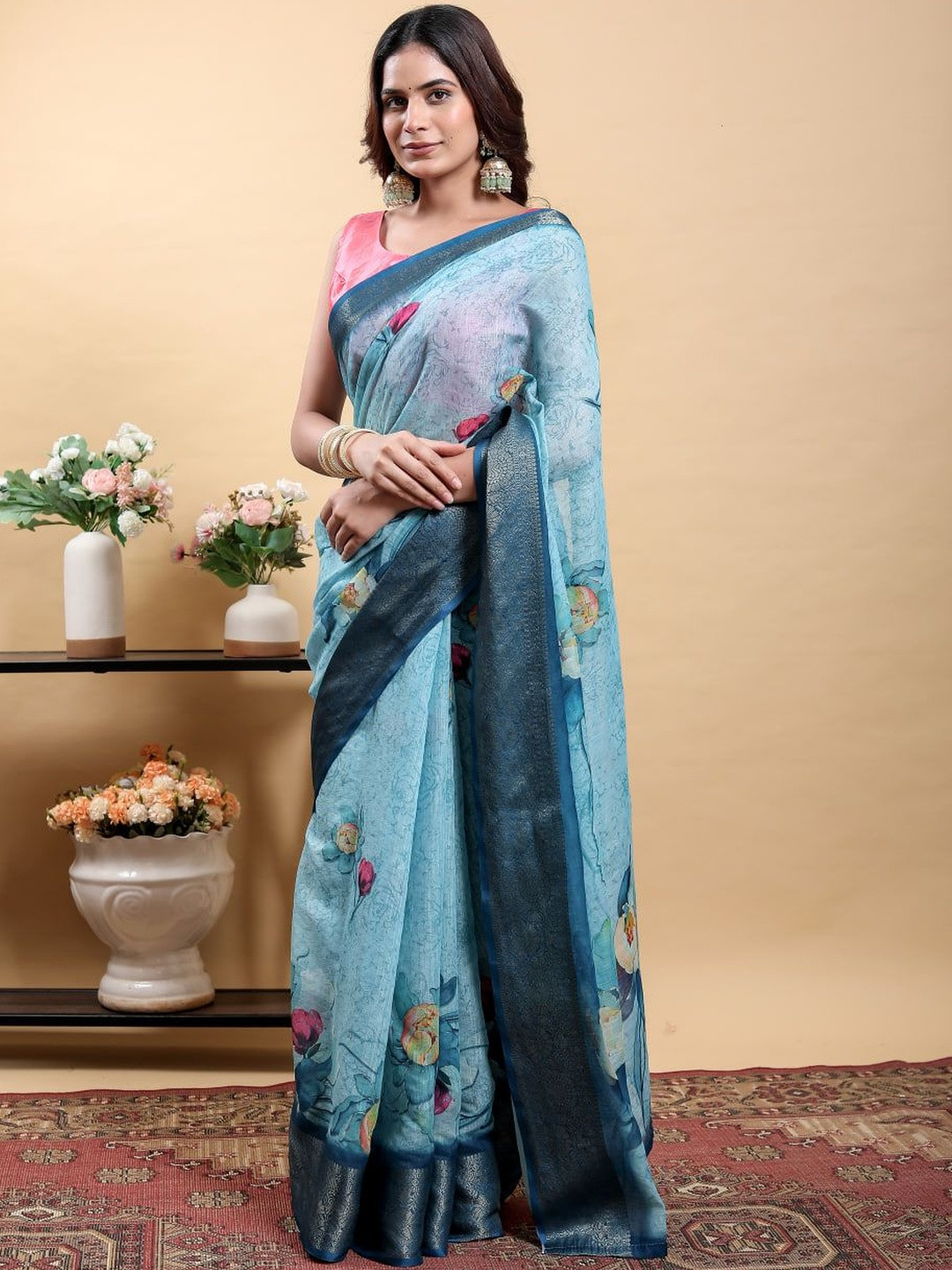 Suraj pari singh Floral Printed Zari Pure Linen Saree