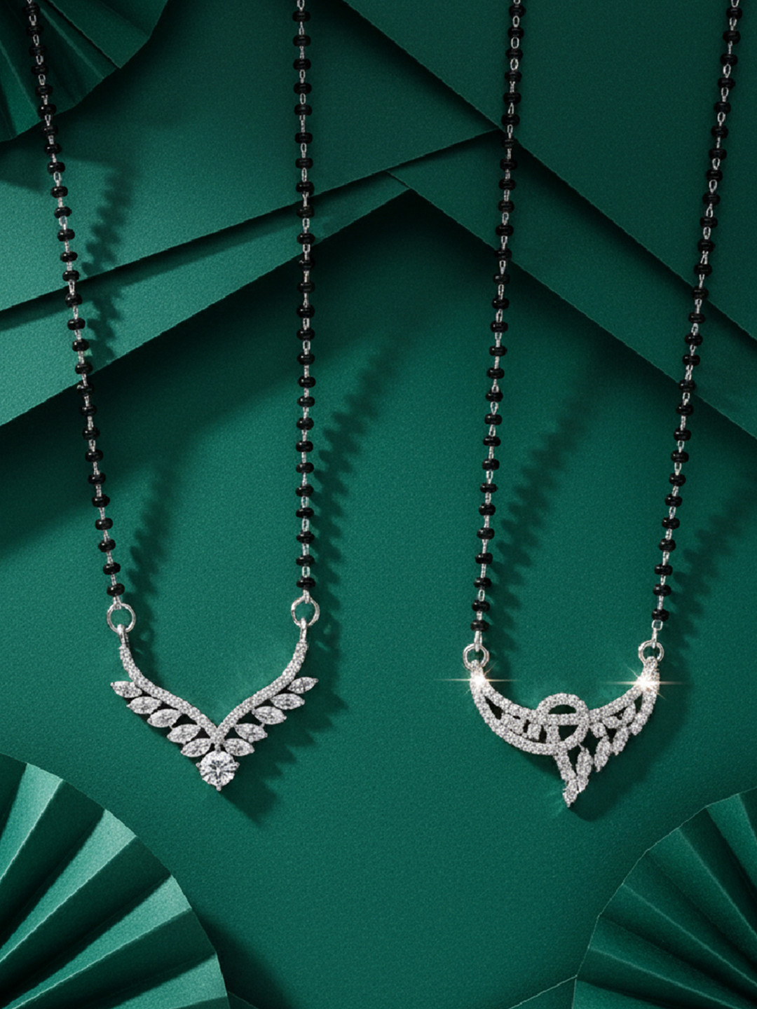 ADIVA Set Of 2 Silver-Plated American Diamond Studded & Beaded Classic Design Mangalsutras