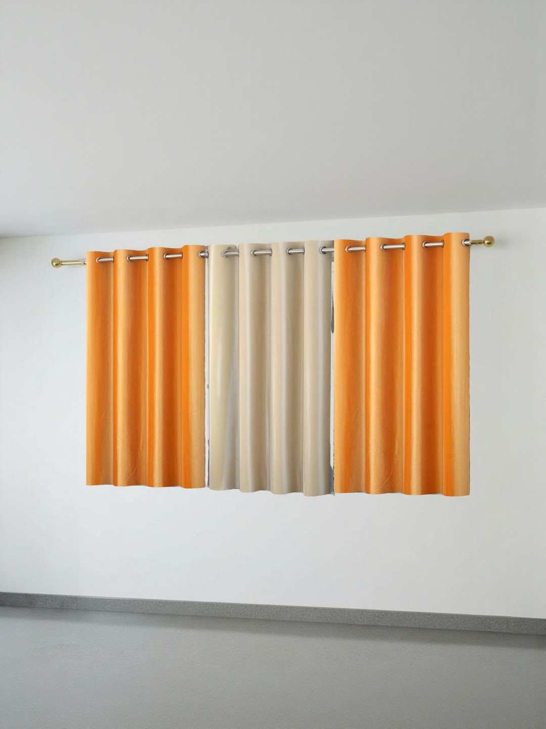 Aura Orange & Cream-Colored 3 Pieces Room Darkening Eyelet Window Curtains