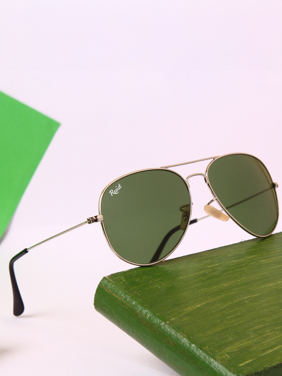 RESIST EYEWEAR Aviator Sunglasses with UV Protected Lens 07 Arc SIlver Green