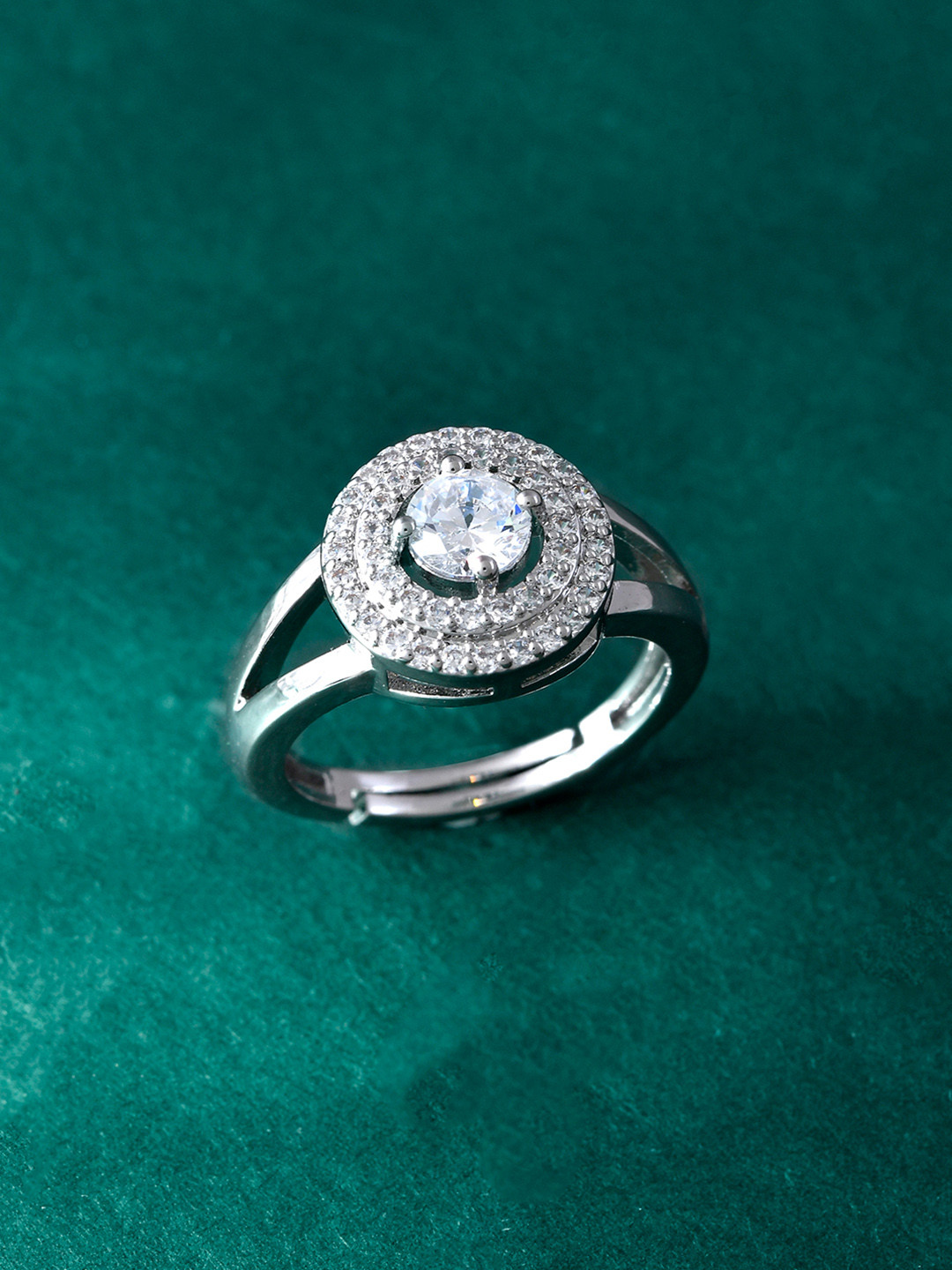 Voylla Rhodium-Plated Sparkling Prismatic American Diamond Studded Solitaire Finger Ring