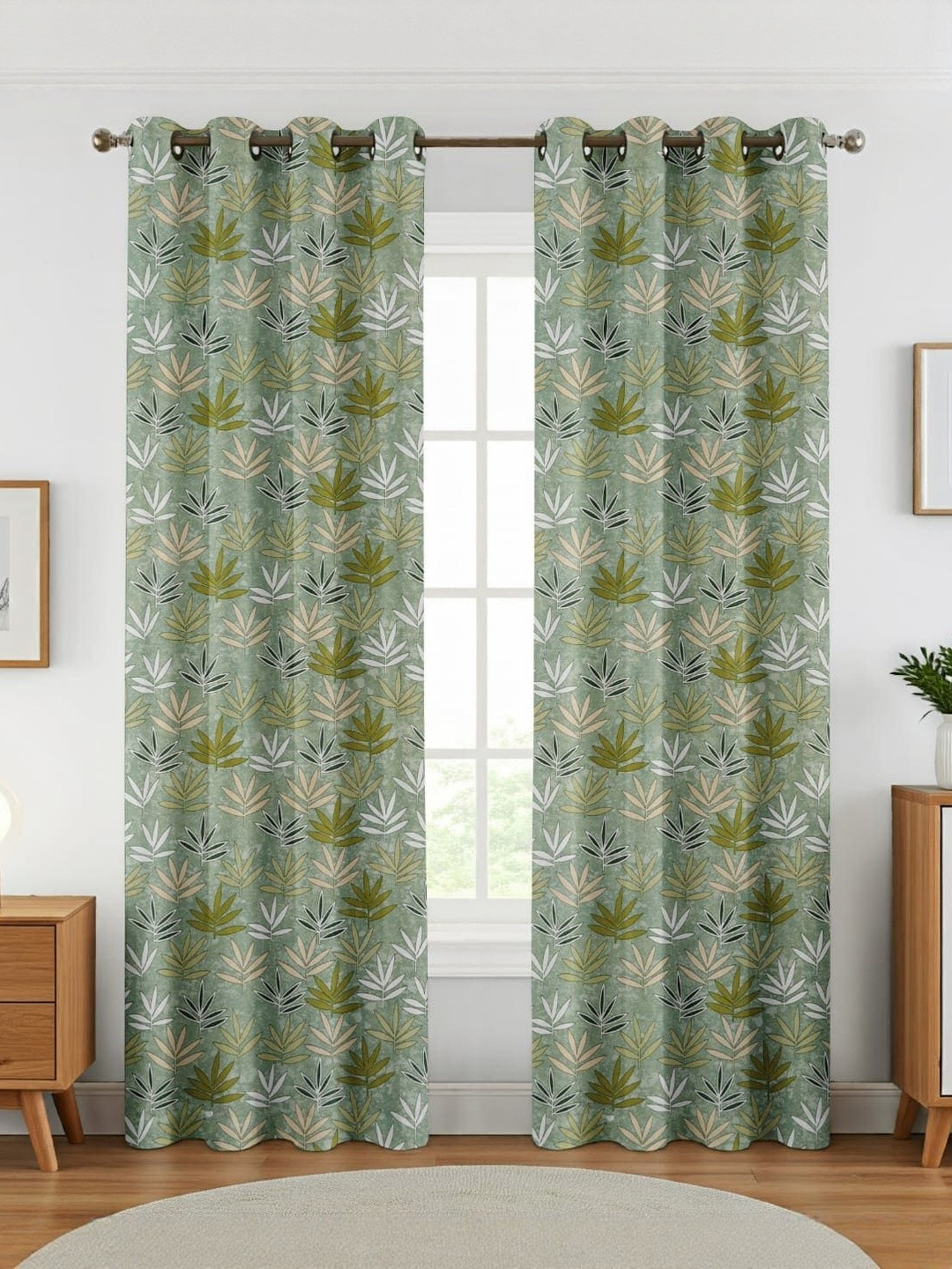GEET CREATIONS Softy Lotus Green & Beige 2 Pieces Printed Room Darkening Door Curtains