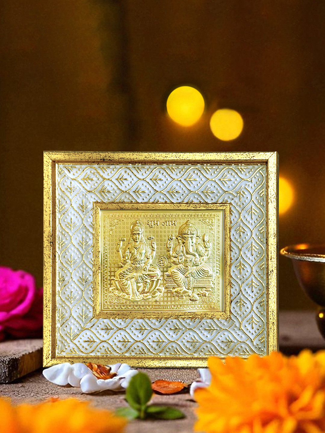 Art Street Gold-Plated & White Laxmi And Ganesh Table Photo Frame
