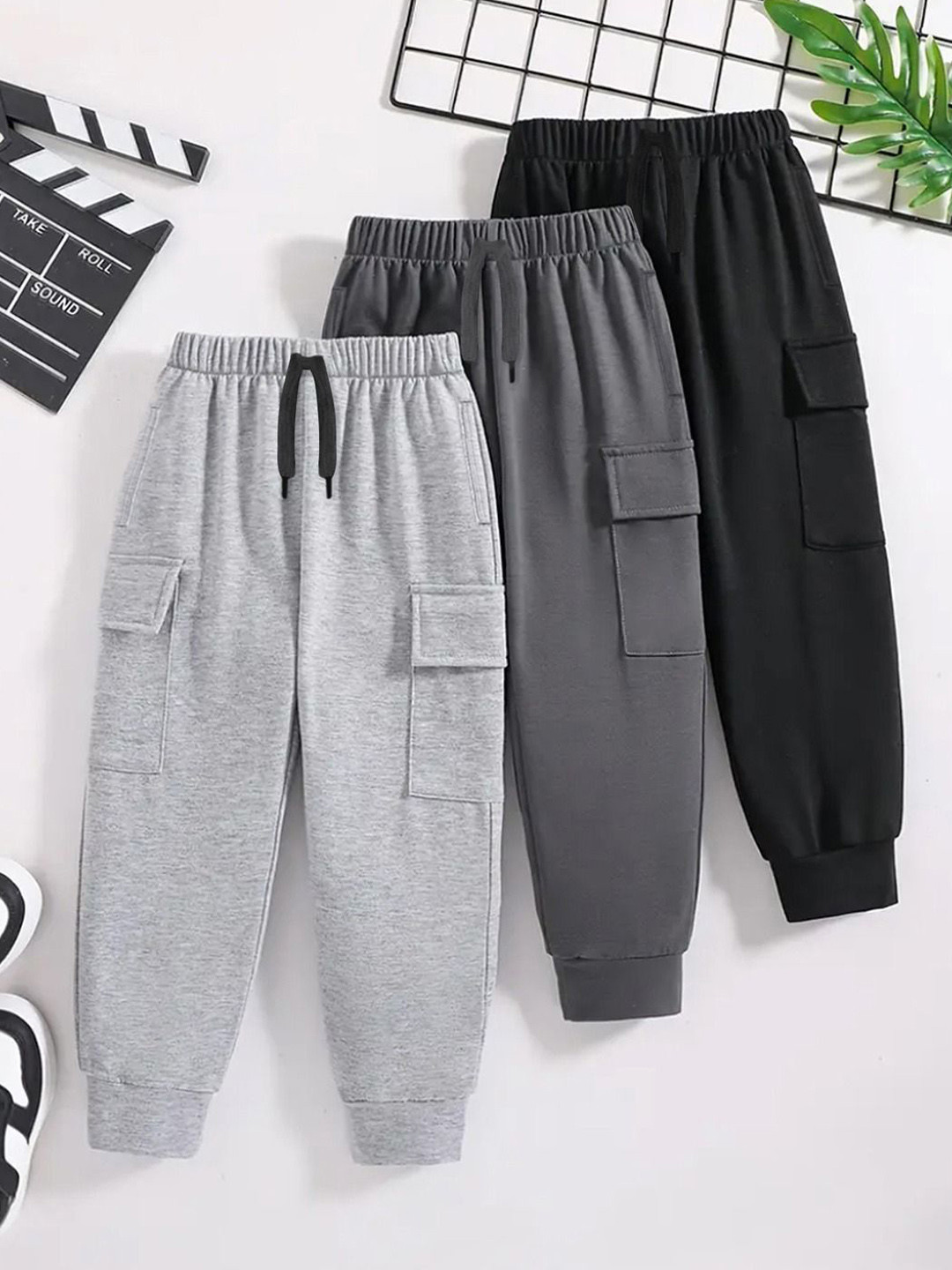 YK X Trampoline Kids Pack Of 3 Cotton Cargo Joggers With Pockets