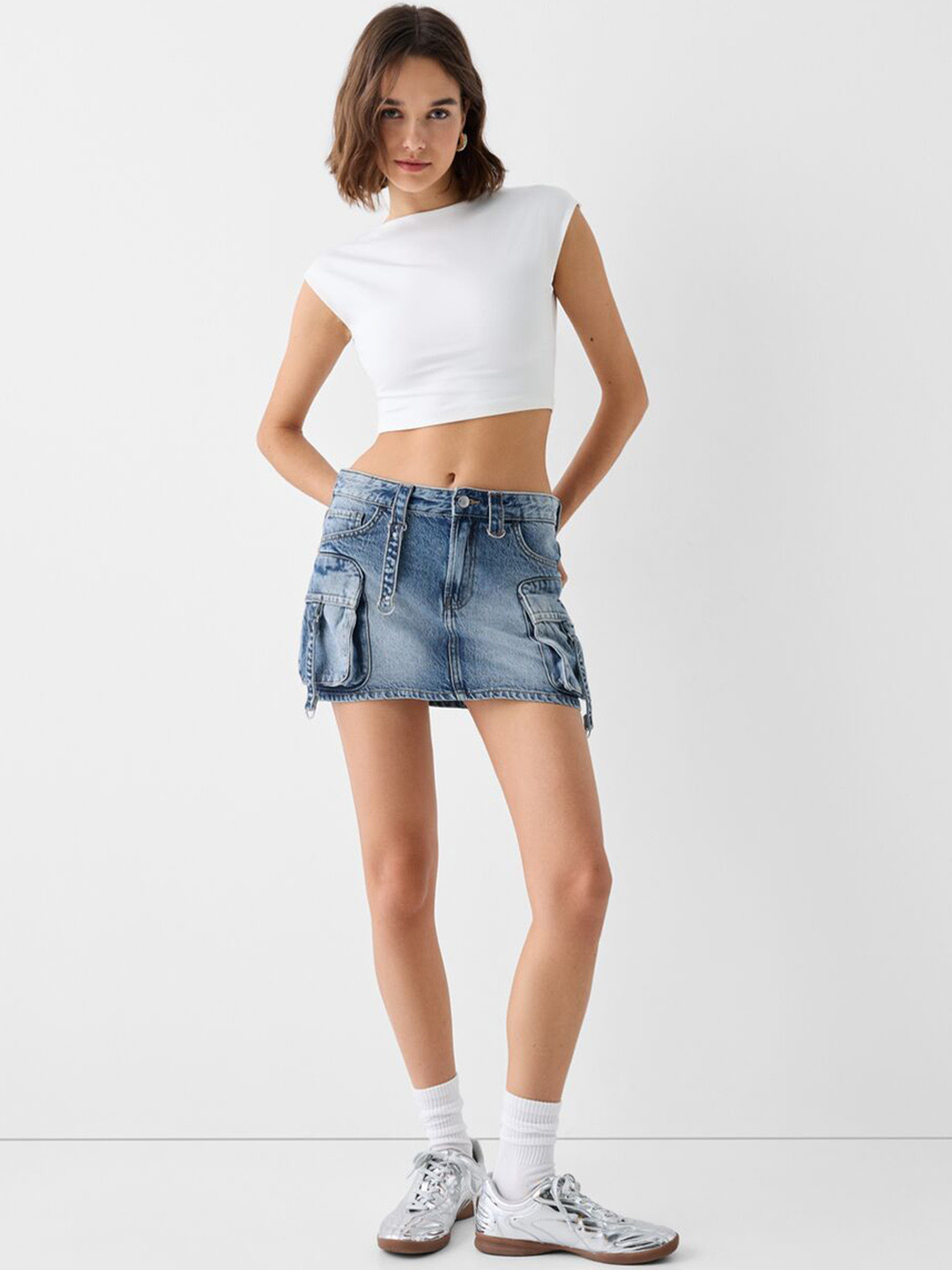 HERE&NOW Women Denim Cargo Mini Skirt With Strap Details