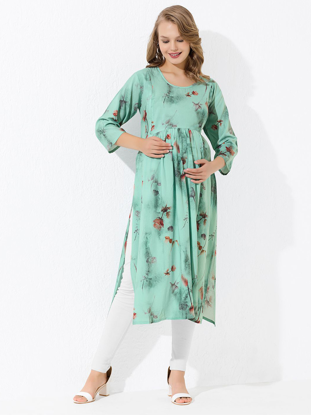 QUIRA Women Floral Printed Front-Zip Maternity & Feeding Anarkali Kurta