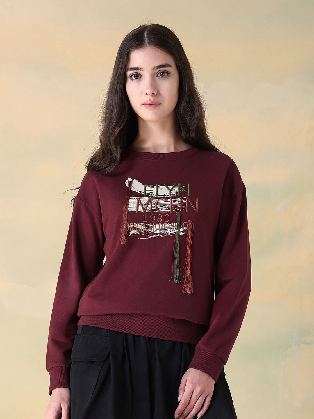 Flying Machine Women Typography Embroidered Long Sleeves Cotton Pullover Sweatshirt