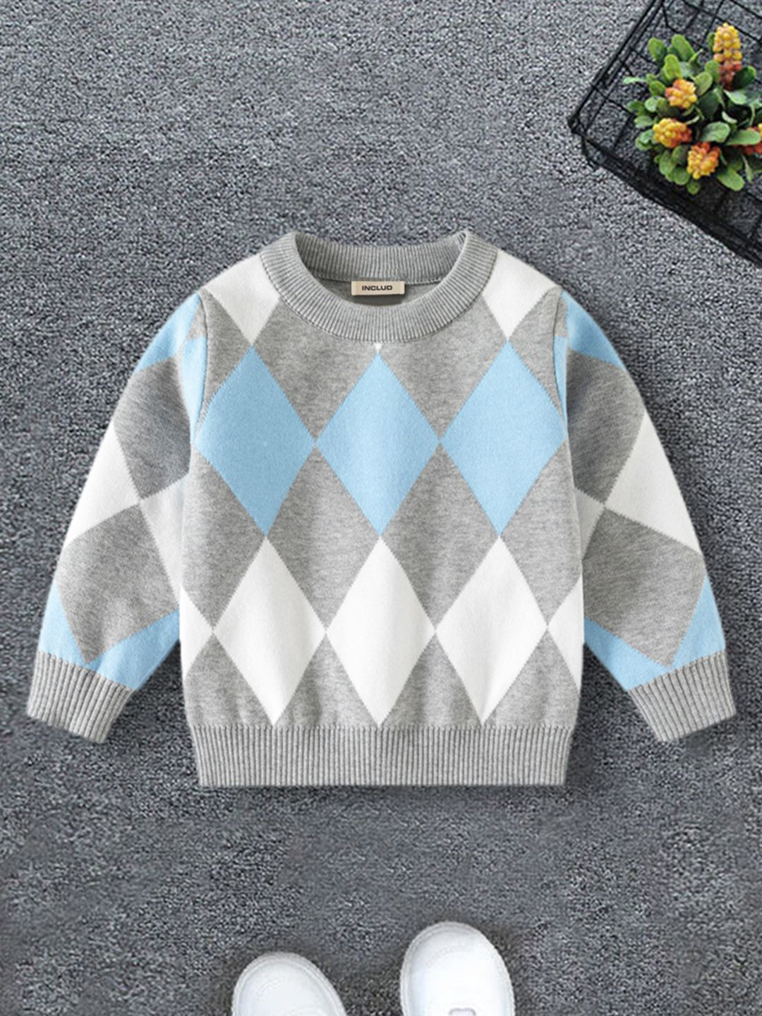 INCLUD Boys Diamond Pattern Self Design Round Neck Pullover