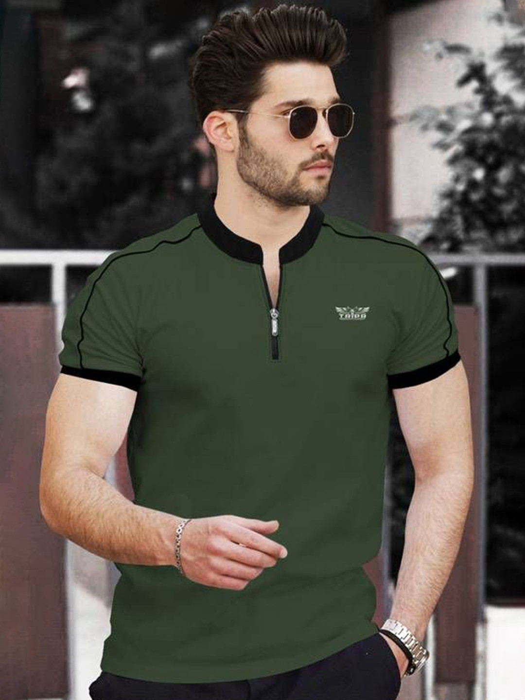 TRIPR Brand Logo Printed Short Sleeves Mandarin Collar T-shirt