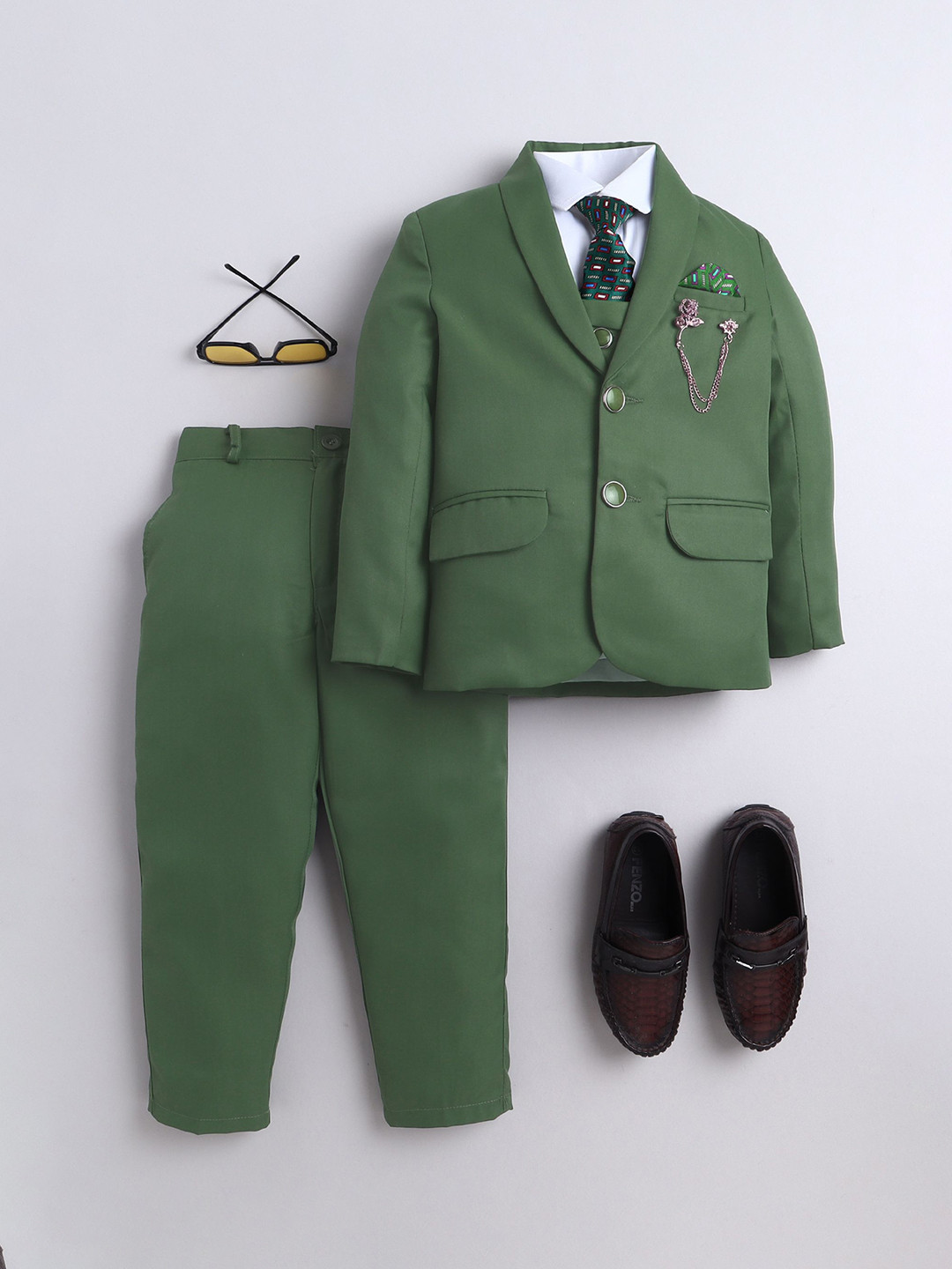 Sangria Boys Pack of 5 Cotton Shawl Collar Party Suit with Shirt Trousers Waistcoat & Tie