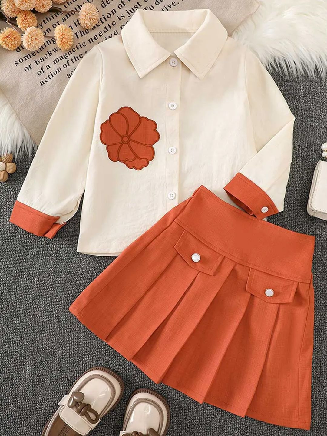 YK Girls Floral Embroidered Long Sleeves Shirt With Skirt