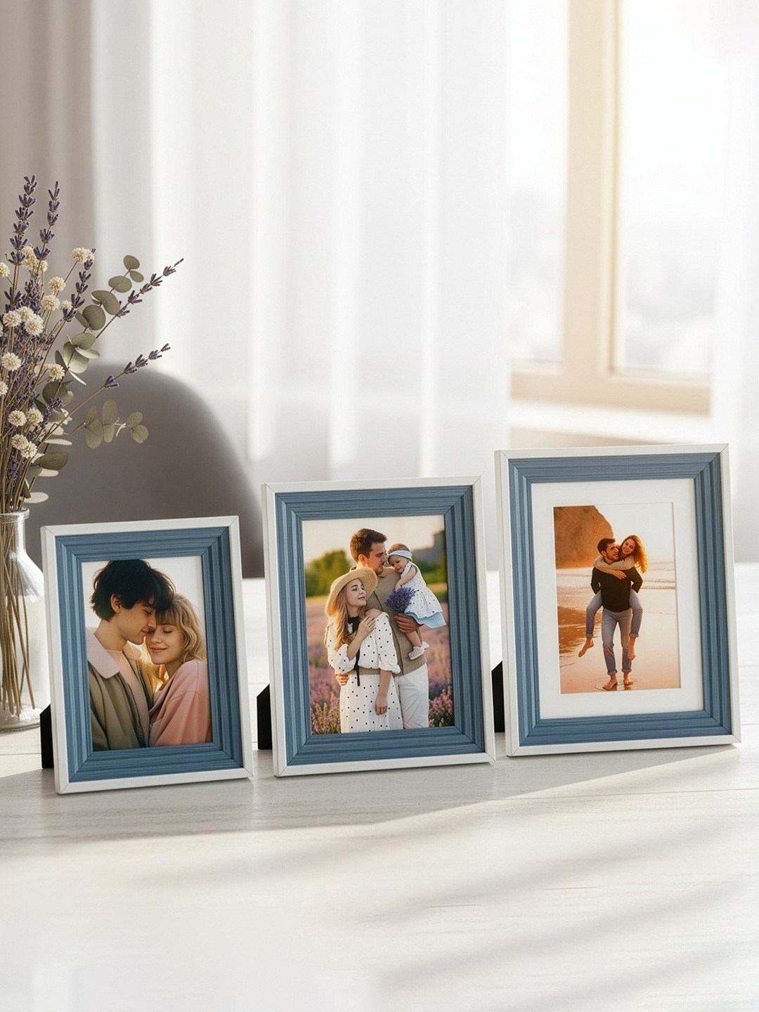 Art Street Blue & White 3 Pieces Textured Wooden Table Photo Frames