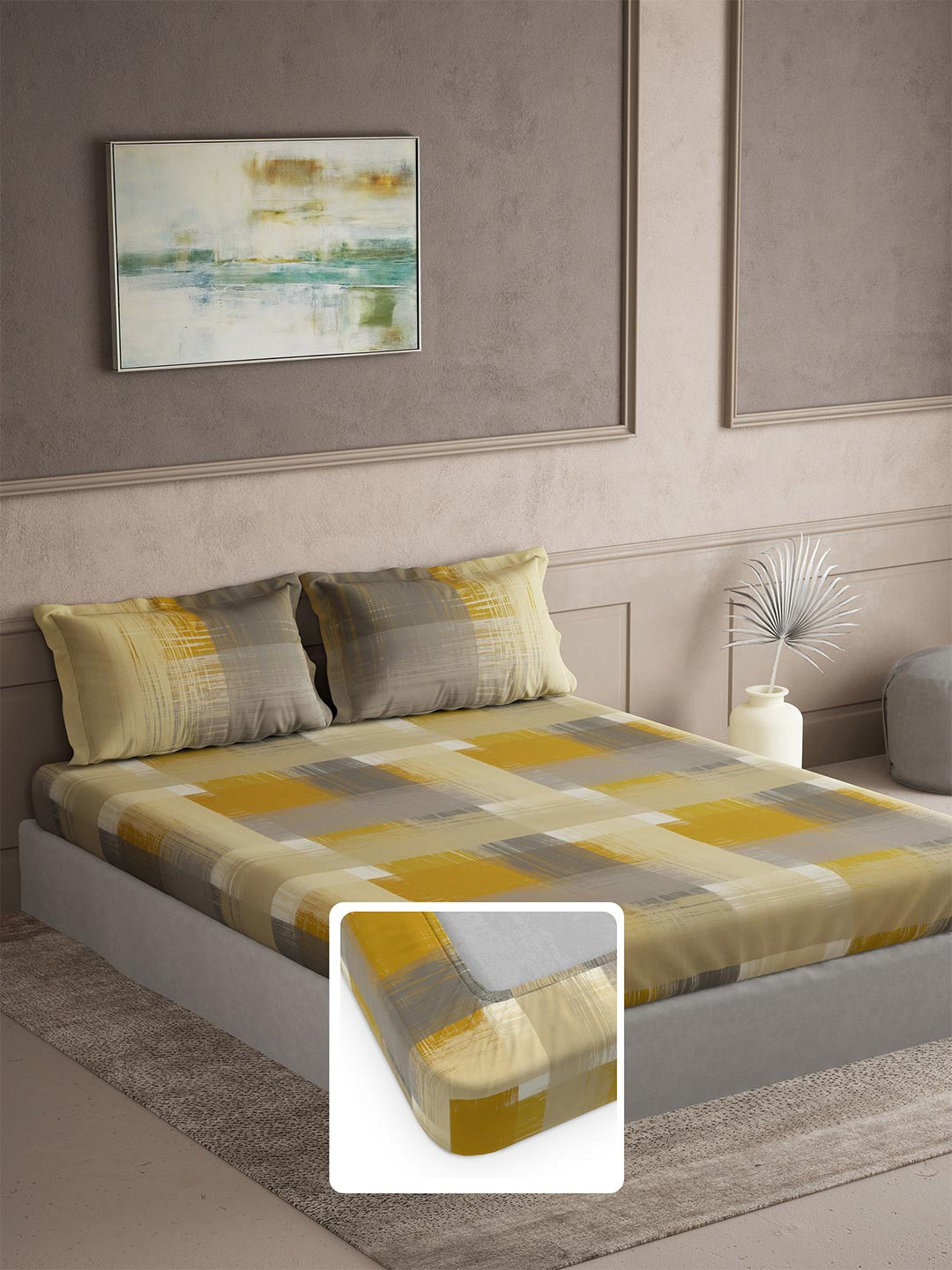 DDecor Gold-Toned & White Checks 144 TC King Cotton Fitted Bedsheet with 2 Pillow Covers